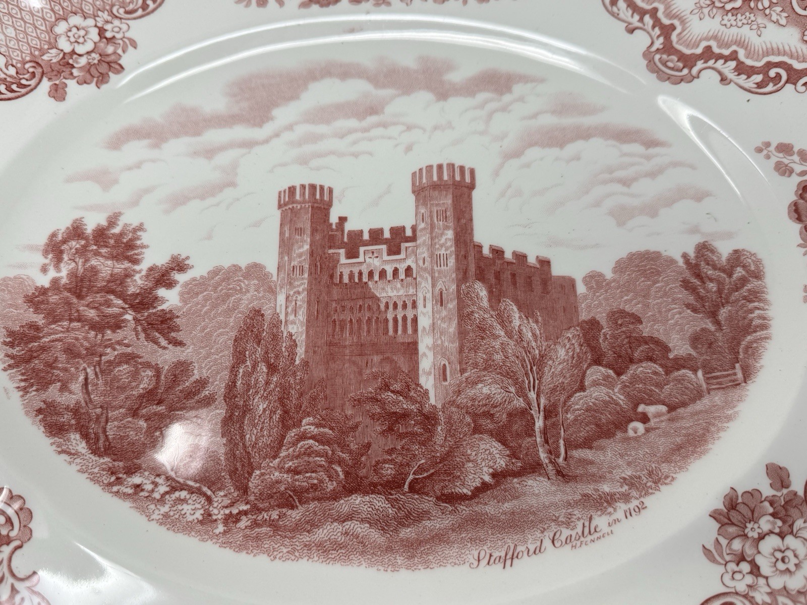 Johnson Brothers England Stafford Castle 1792 Pink Ceramic Platter 15.5 in