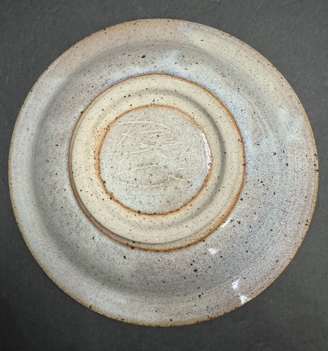 Handmade Studio Art Pottery Bowl Artist Signed 8” W 2.5” Tan Blue Purple Gray ￼