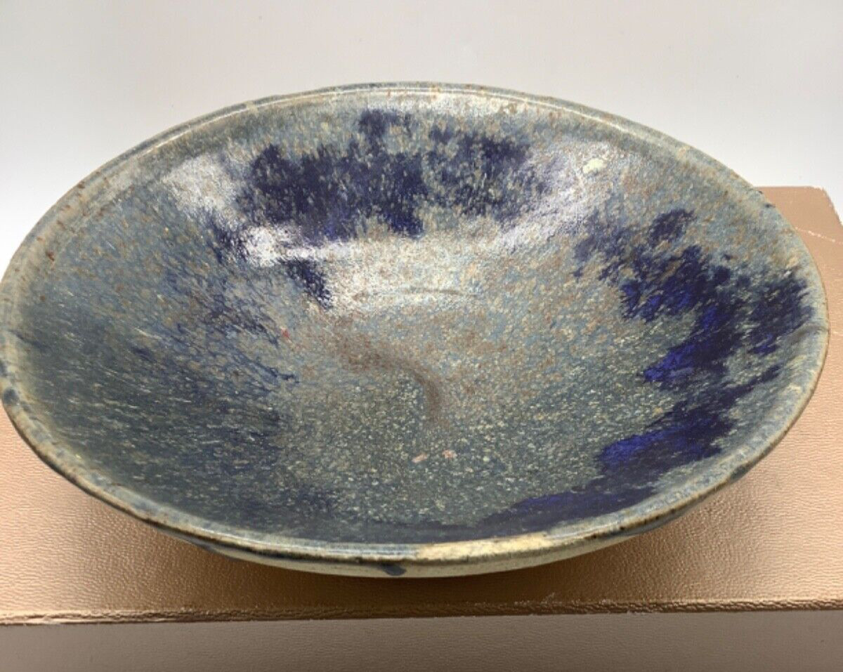 Art Pottery Stoneware Bowl Drip Glaze Blue Grey Tan, Vintage, 8.25” x 2.5”