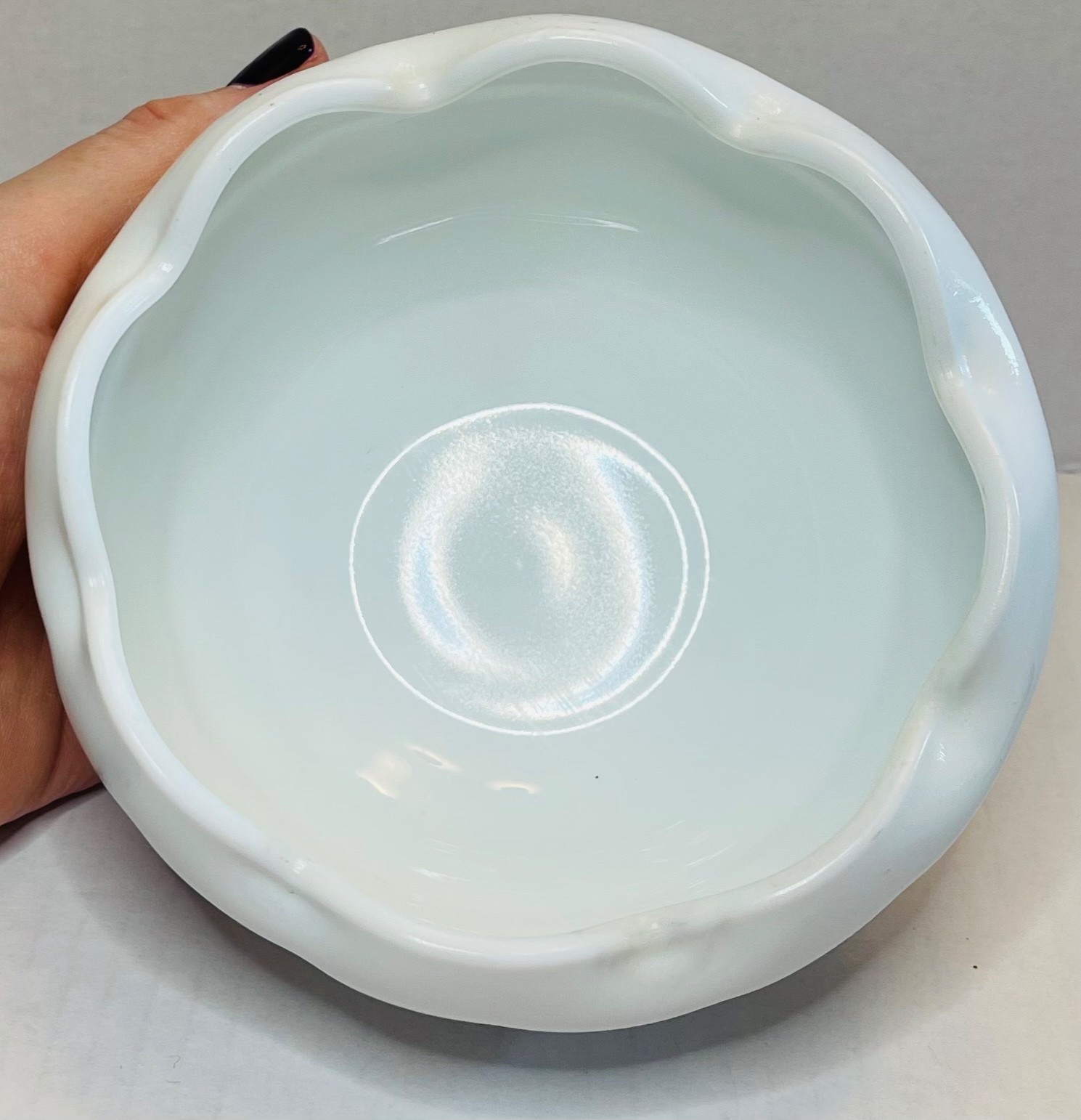 Vintage Indiana Glass White Milk Glass Rose Bowl Quilted Diamond Ruffled Edge