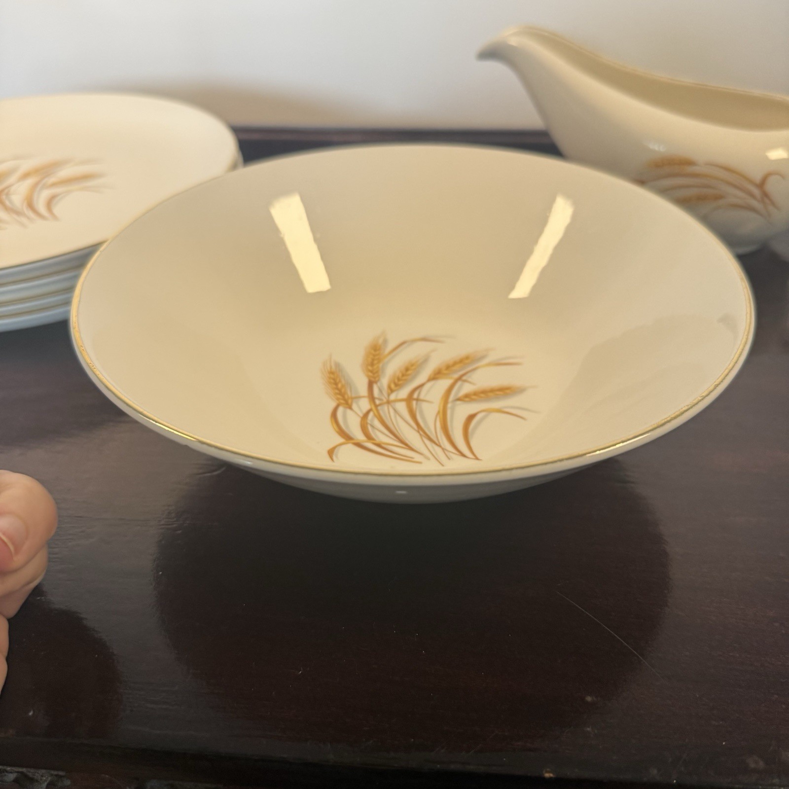 Homer Laughlin Vintage Golden Wheat 7 Piece Lot Plates Bowls Gravy Boat 22K Gold