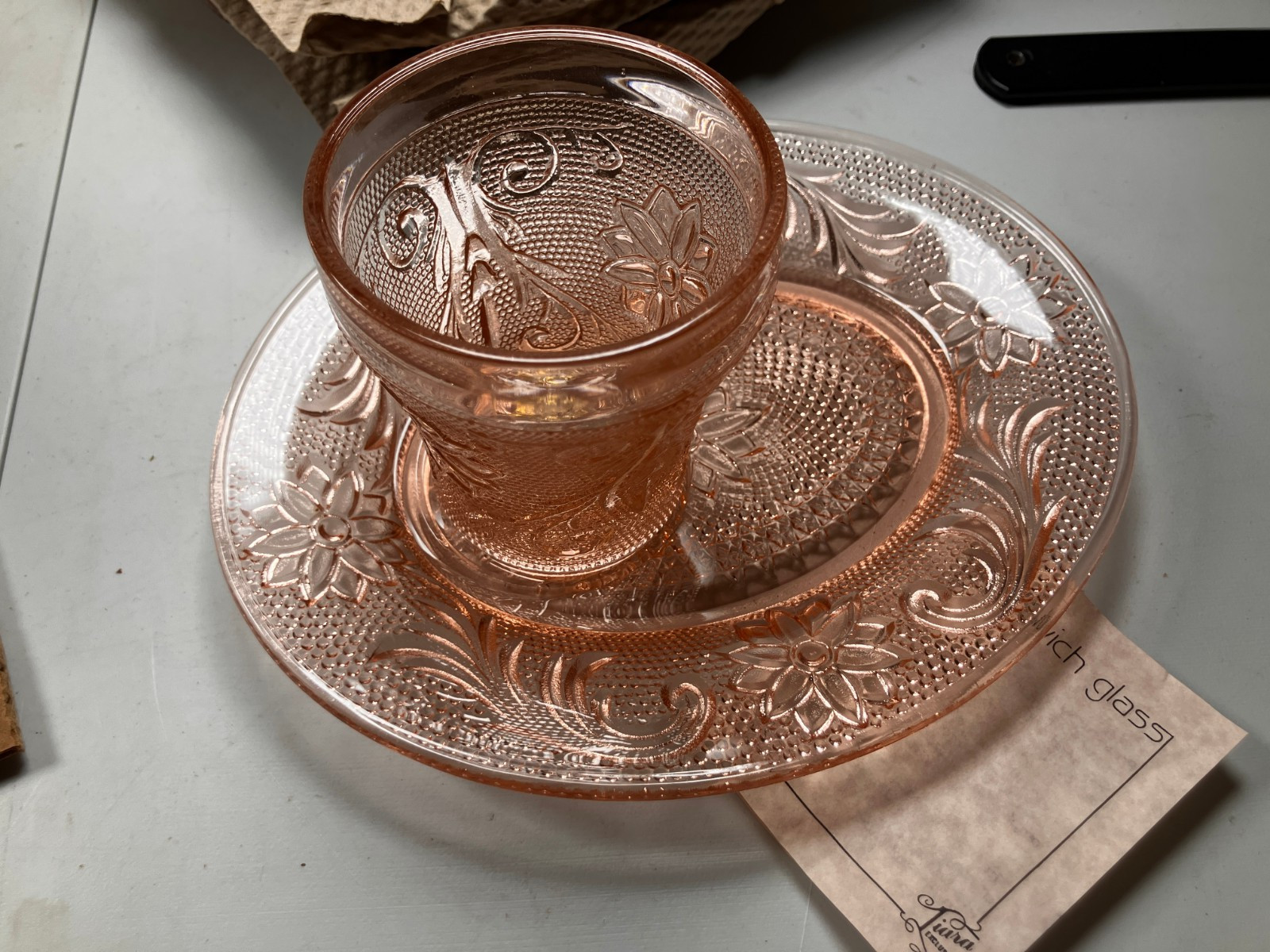 Rare Vintage Tiara Indiana Glass Pink or Peac Sandwich Snack Plate & Tumbler Set