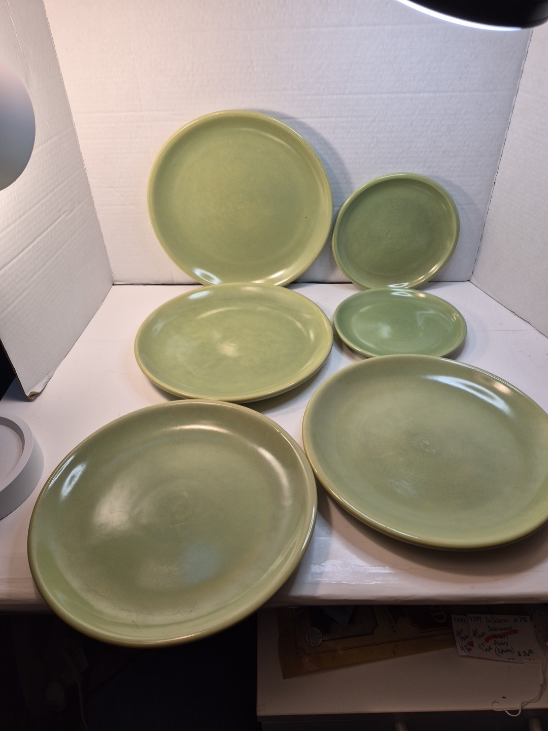 La Solana Pottery Sage Green (4) Dinner Plates, 10″ & 2 Saucers 7″ B239