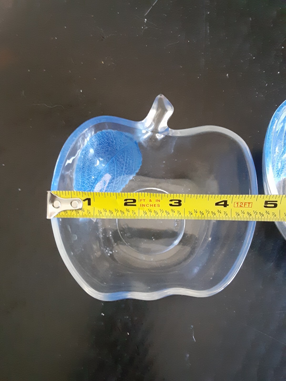 Apple-shaped glass dishes etched Indonesia LOT of 2 w/stems and blue leaves