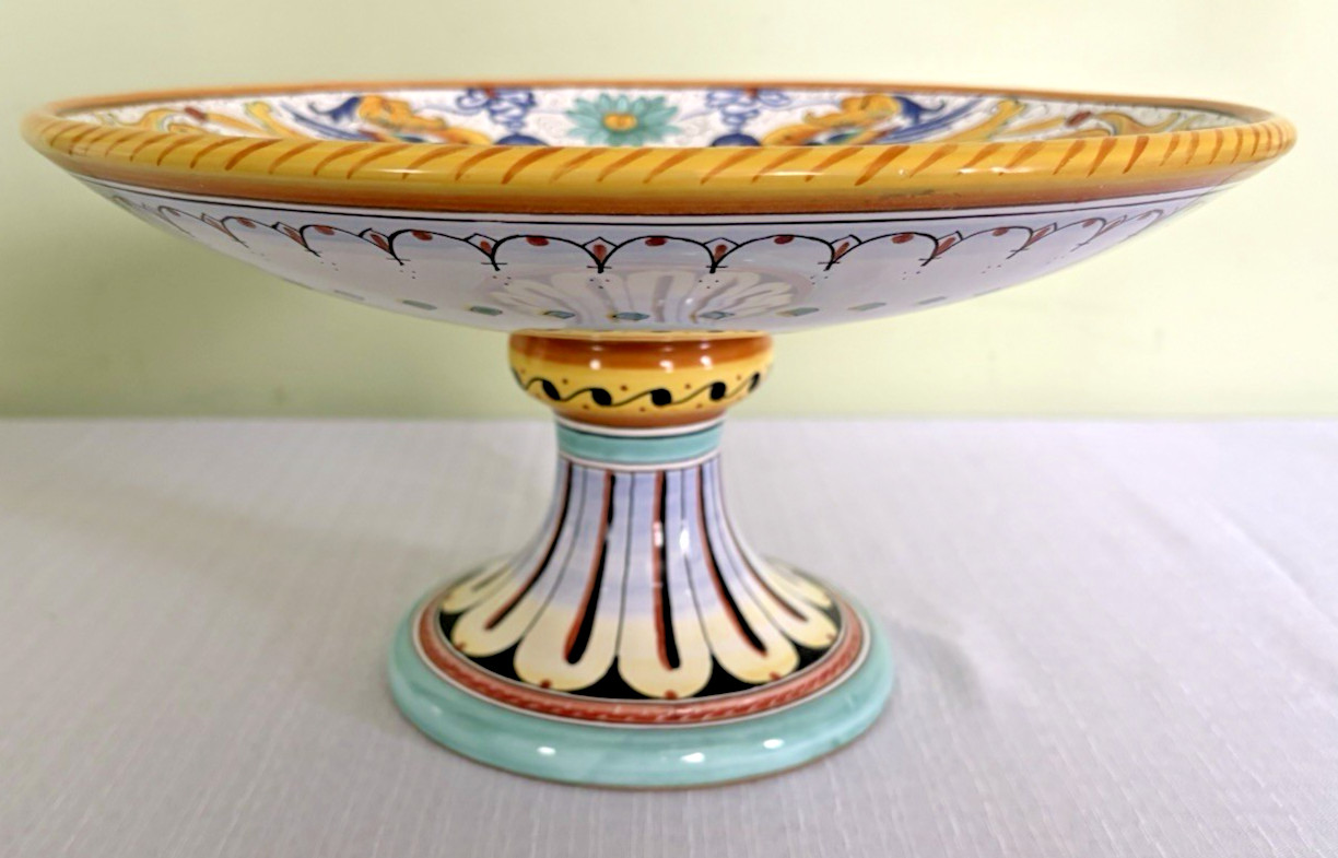 Deruta Italy-Raffaellesco Yellow Dragon-Pedestal Bowl-Artist Signed-EC-Vintage