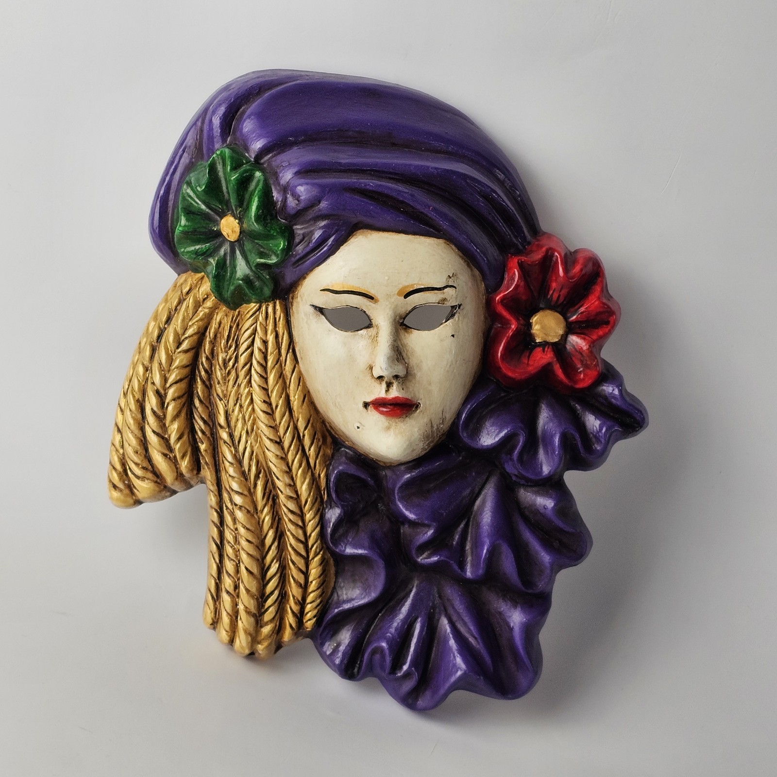 Venetian Style Wall Mask Vintage Hand Painted Purple Gold Mardi Gras Decor