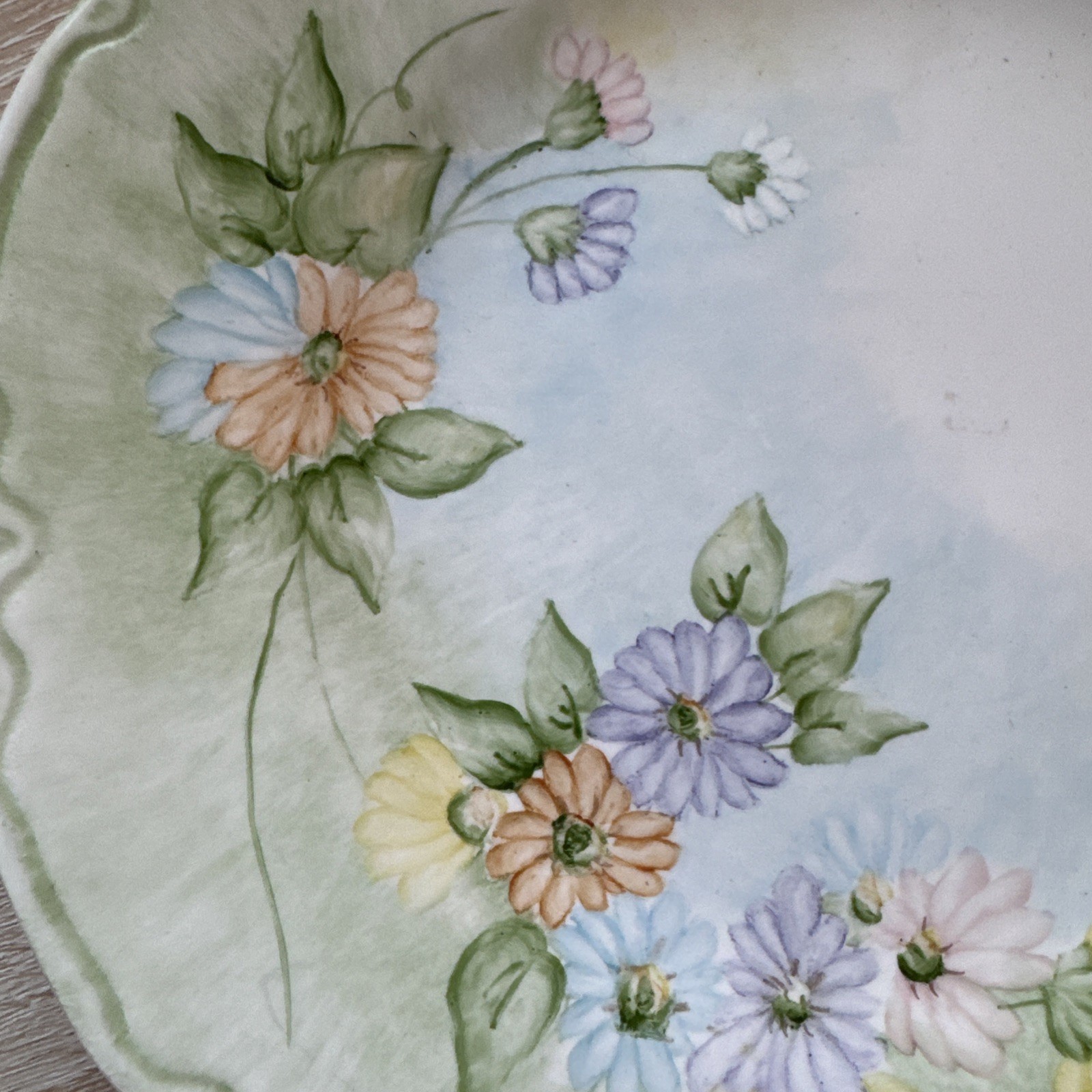 Vintage Hand Painted Floral 9.5” Dinner Plate Green Border Cottagecore Decor