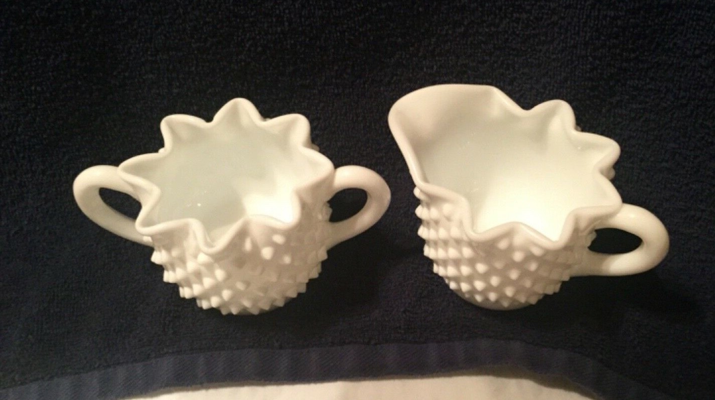 Vintage Fenton Hobnail White Milk Glass Star Sugar Bowl & Creamer #3906 Lovely