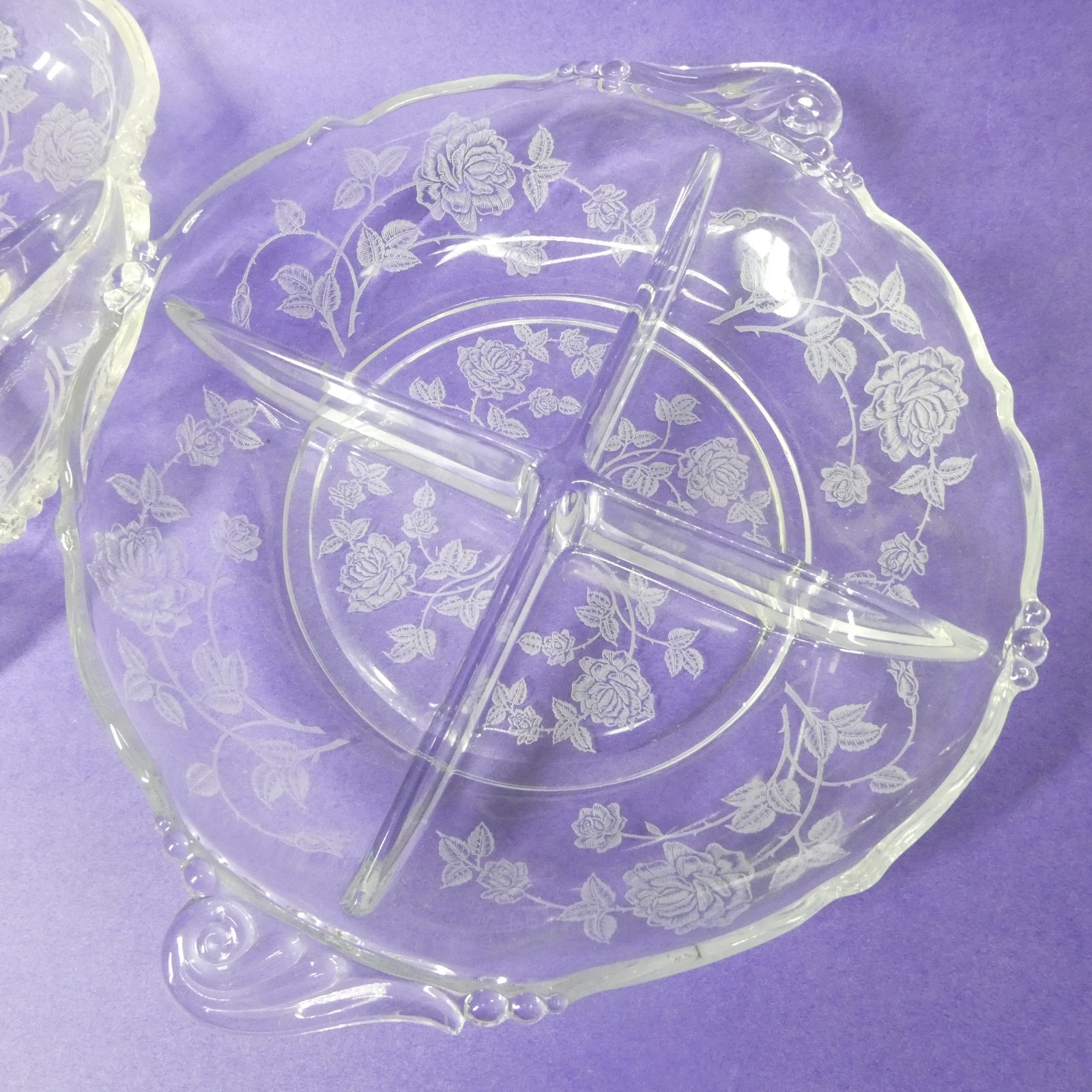 Heisey Rose 2 Divided Dishes Oval Celery & Round Relish Bowl Clear Etched Glass