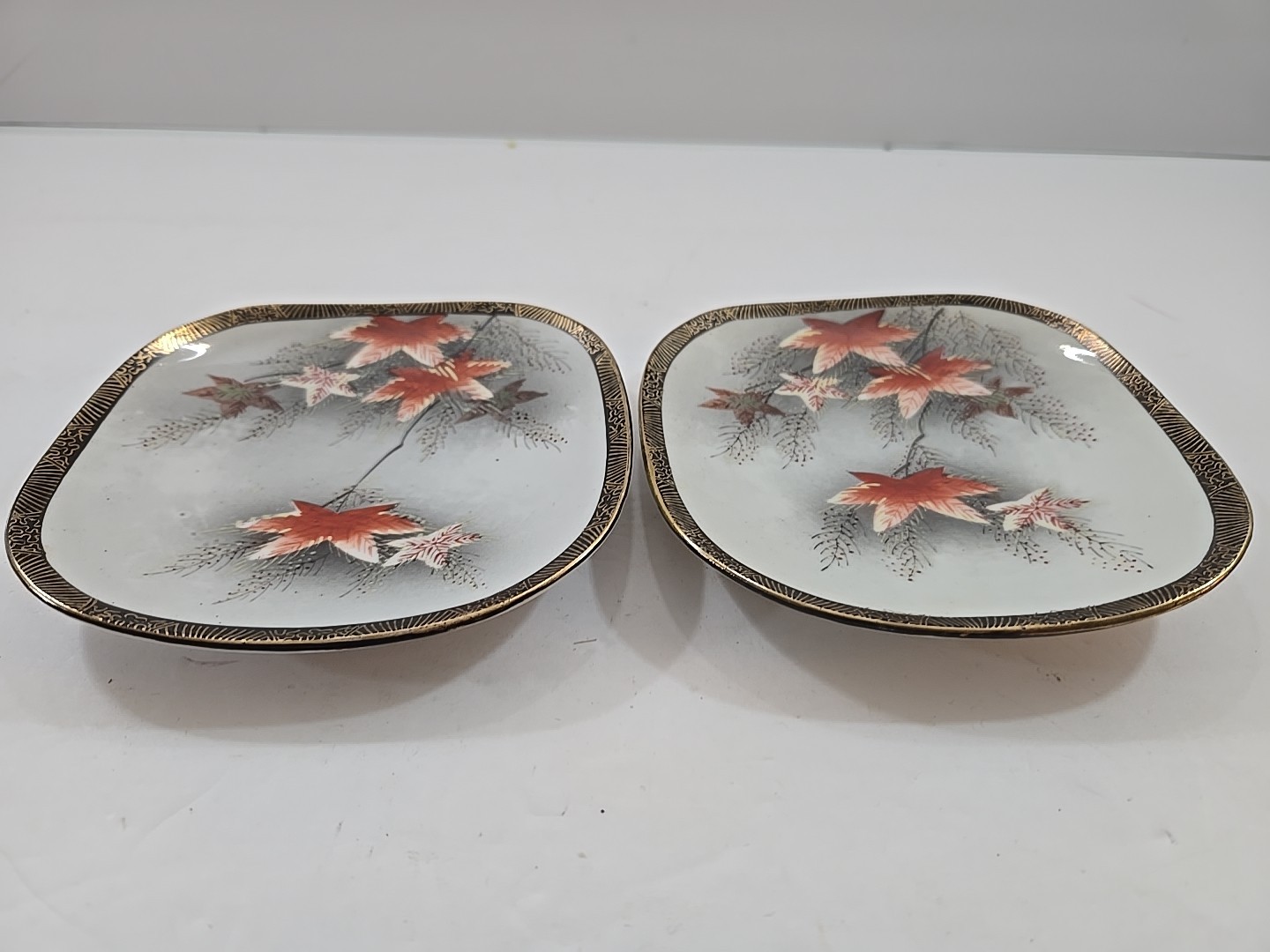 2 Vintage 5″ Square Plates w/ Wall Hangers Hand Painted Orange Leaves Gold Trim