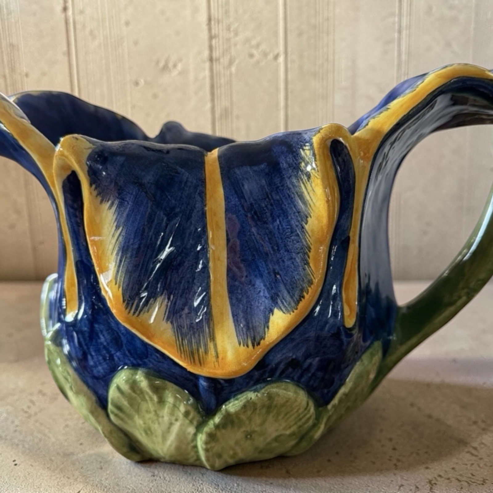 VTG ITALIAN HANDMADE POTTERY IRIS PITCHER MAJOLICA STYLE COBALT BLUE YELLOW