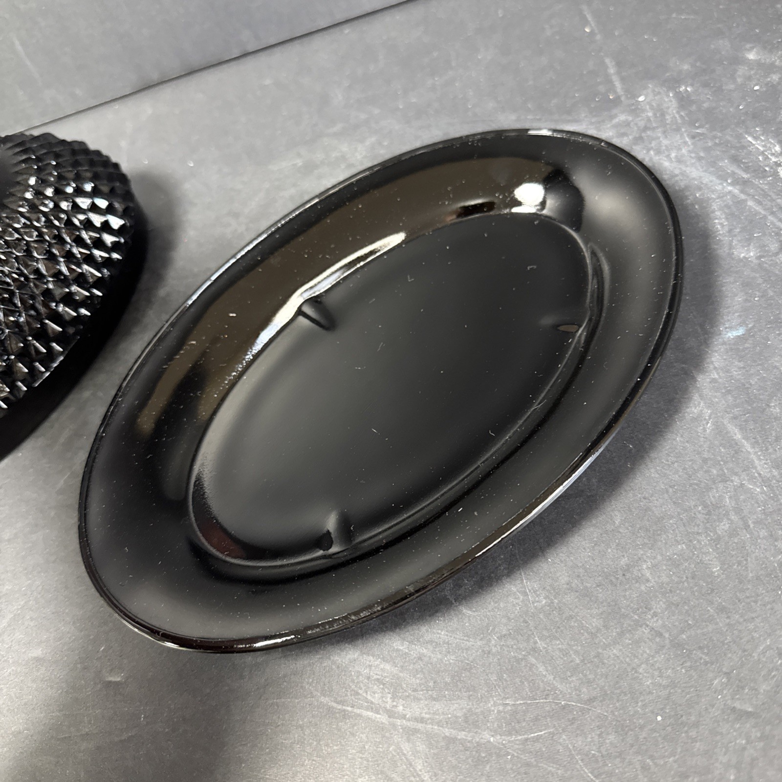 VINTAGE INDIAN BLACK AMETHYST GLASS, DIAMOND CUT, VAL COVERED BUTTER DISH