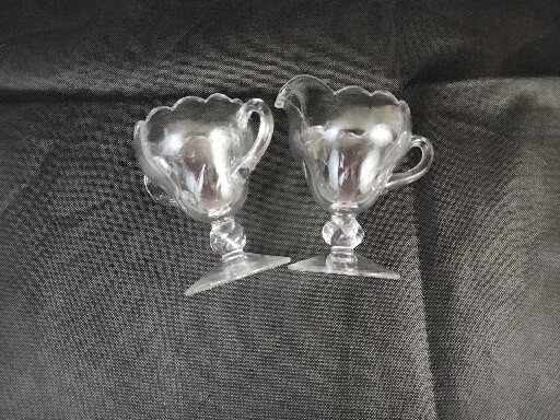 Footed Glass Creamer and Sugar Bowl Clear Glass with Scalloped Edge And Handles