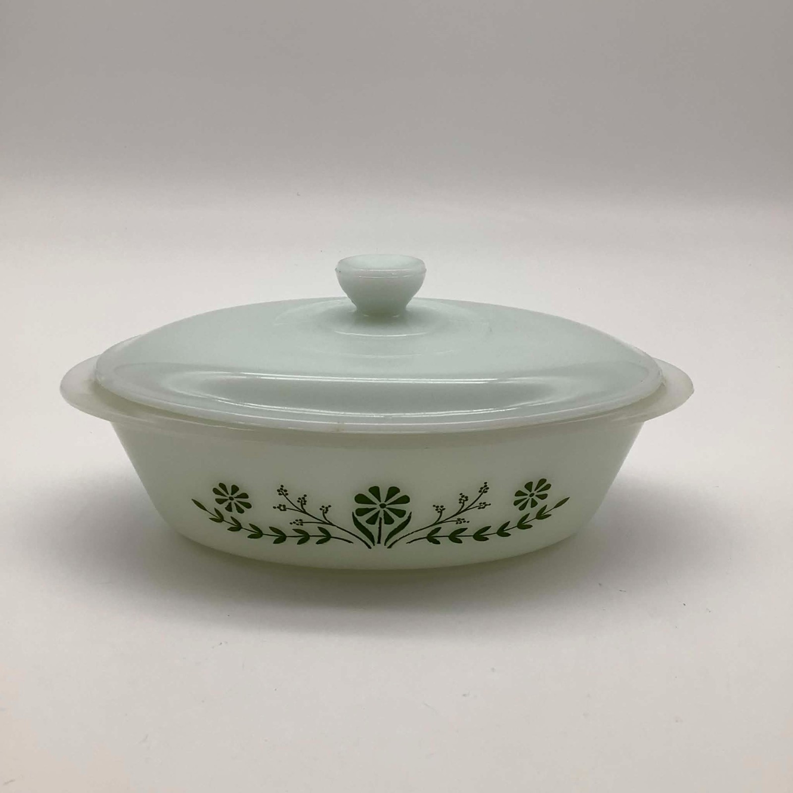 Vintage Glasbake Green Daisy Crazy Daisy Milk Glass Casserole Dish With Lid