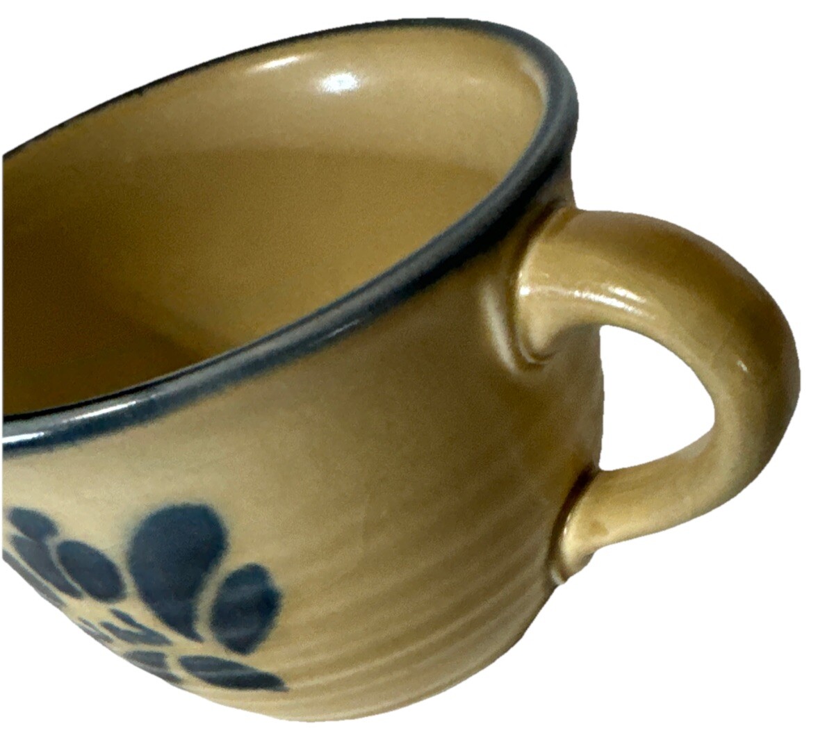 Pfaltzgraff Folk Art Coffee Tea Cups Mugs Blue Tan USA Stoneware Lot Of 2
