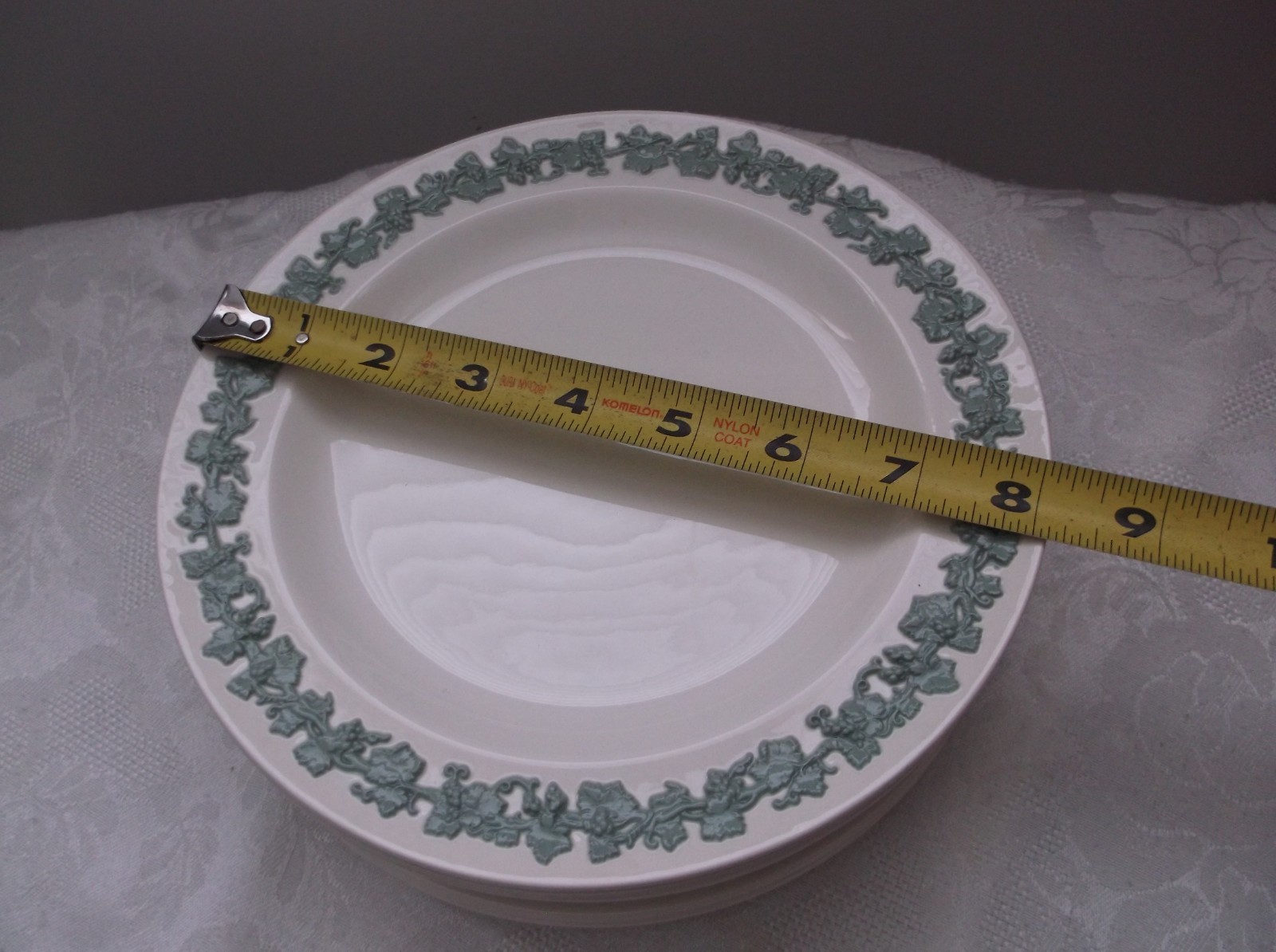 Set of 8 Wedgewood Embossed Queensware Celadon on Cream 8 1/8″ Salad Plates
