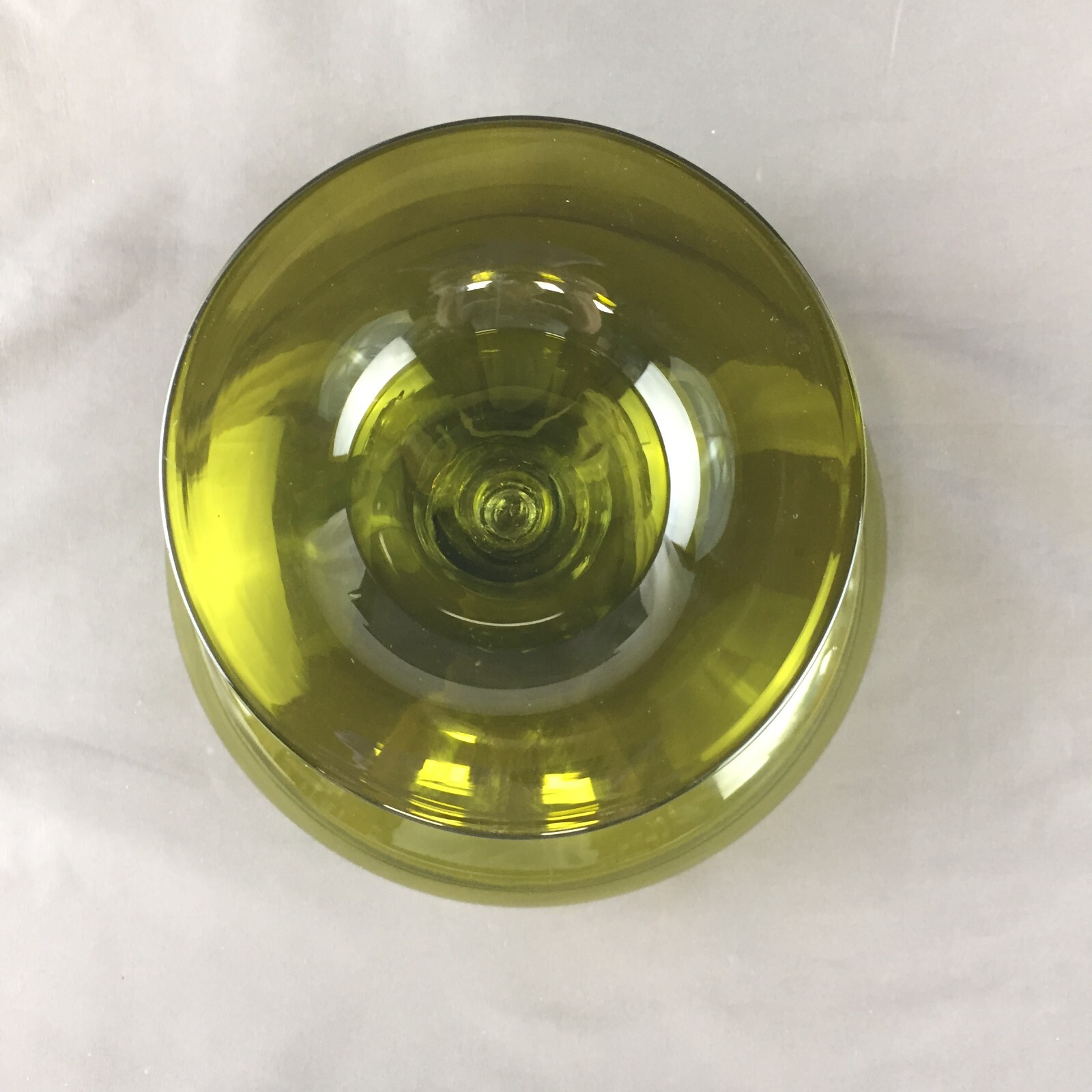 VTG Olive Green Footed Round Glass Compote Clear Stem 8 3/4″ Bowl, 7 1/2″ Tall