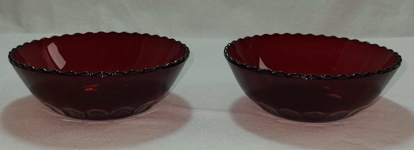 2 Vintage Ruby Red Anchor Hocking Berry Bowls Thumbprint Pattern Ruffled Edge