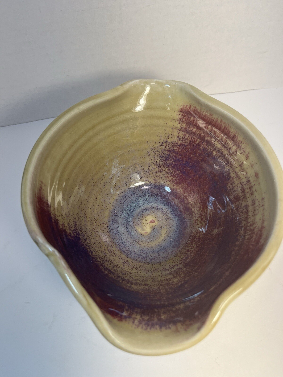 Handmade Asymmetrical Pottery Bowl Glaze Beige Red Signed 7.5 X 3.5 in.