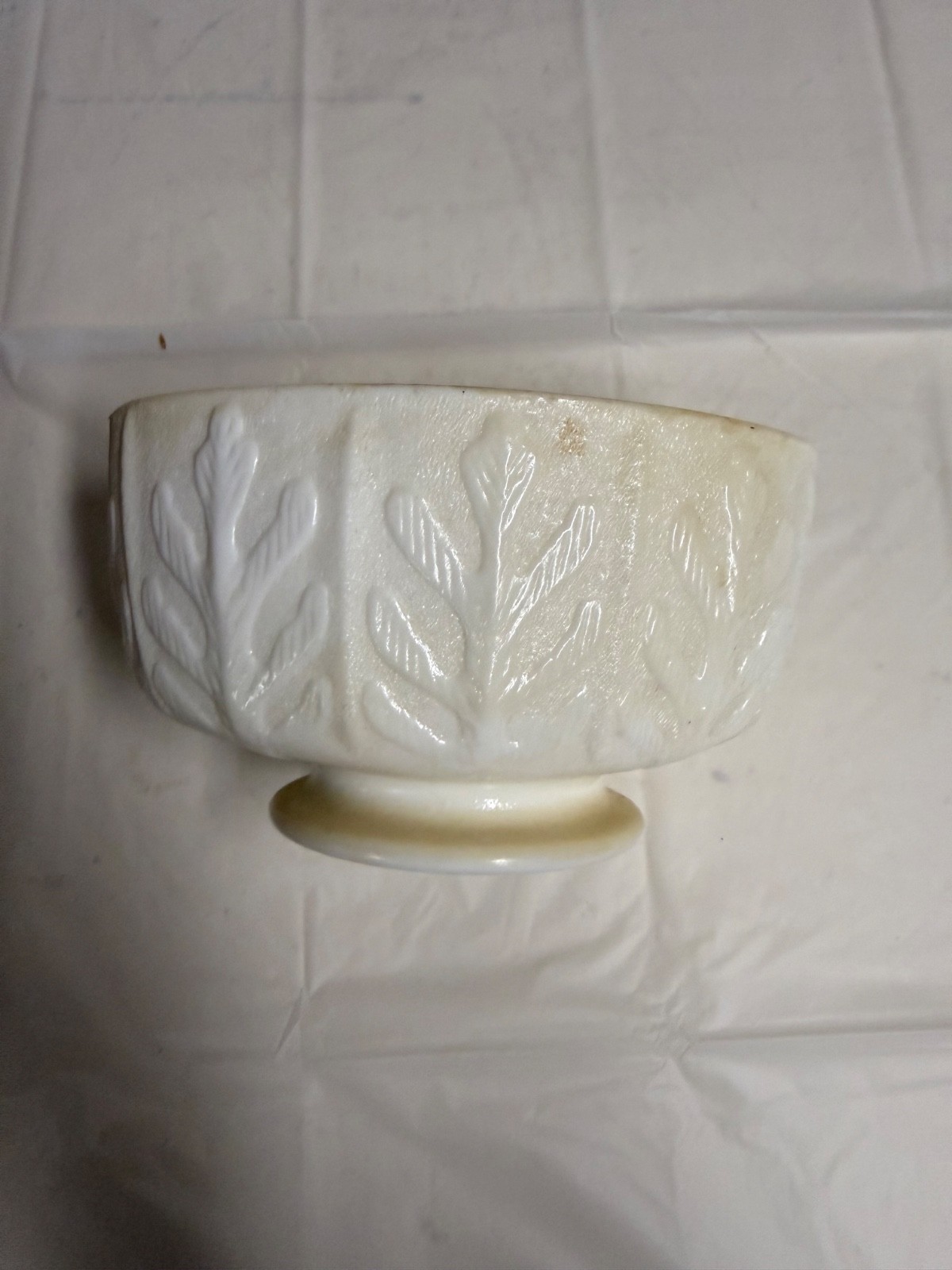 Vintage FTD White Milk Glass Oak Leaf Oval Low Footed Bowl Compote Planter 1975