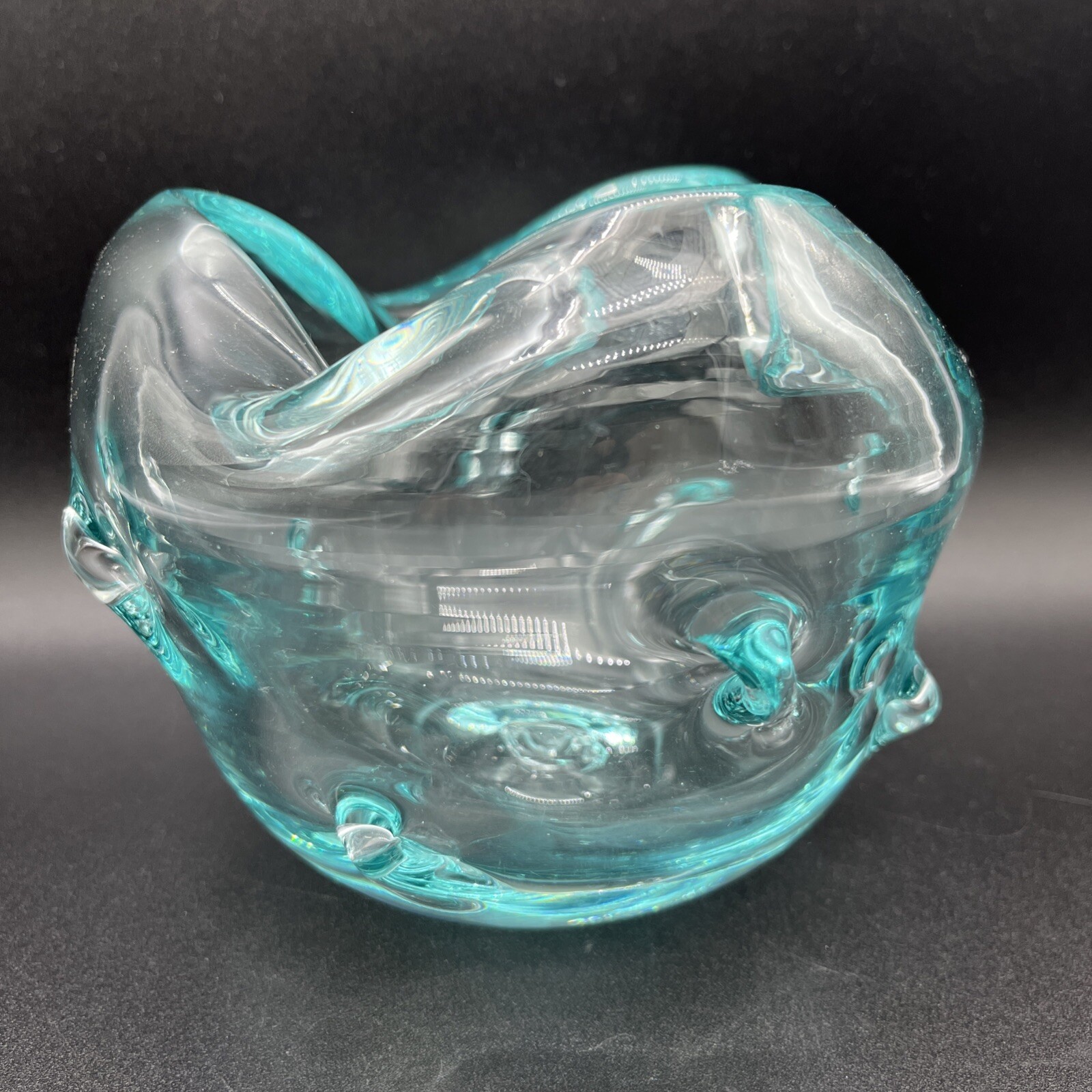 Hand blown Art Glass Bowl Aqua Pinched/Dimpled Sides