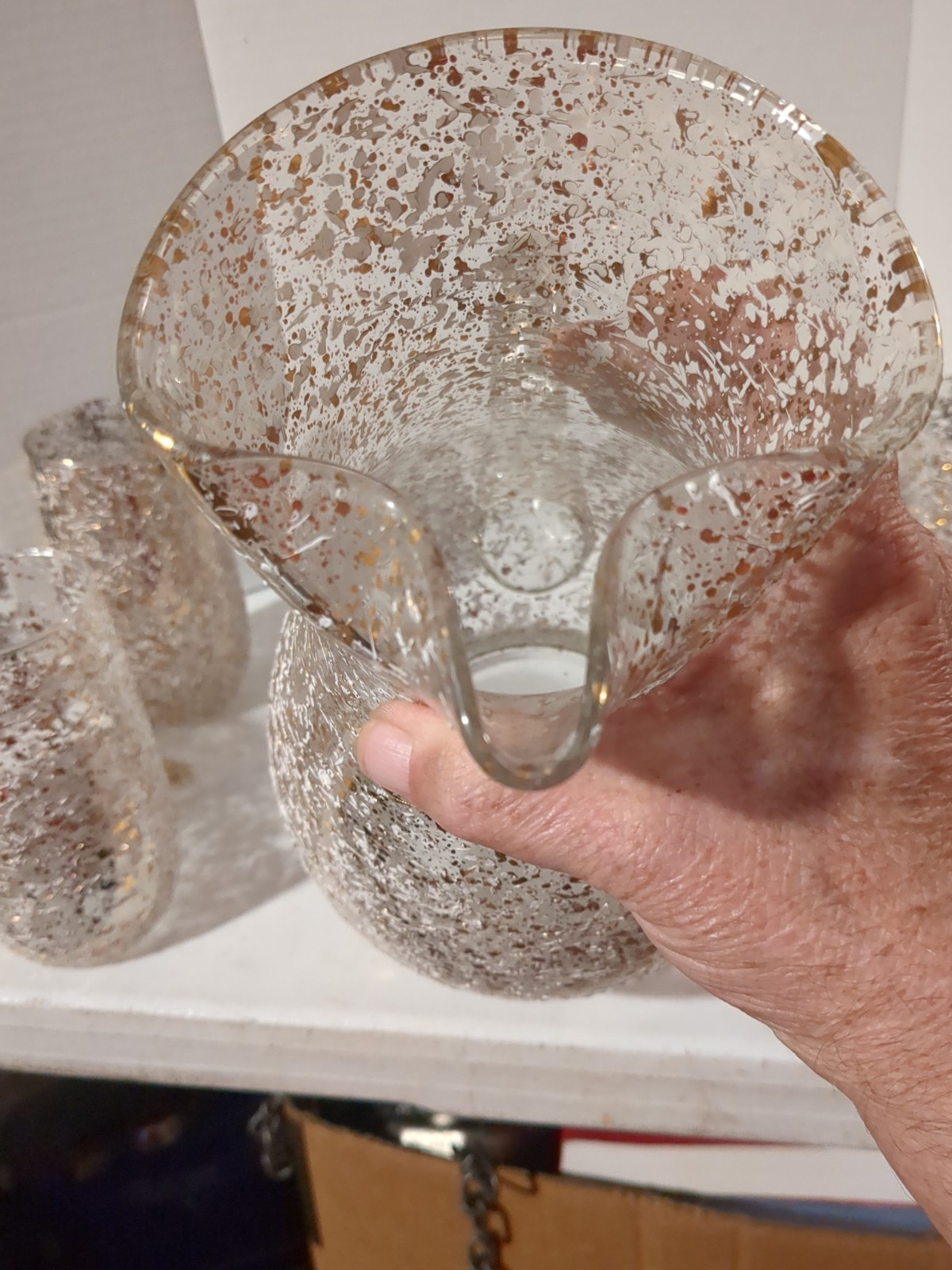 Vintage West Virginia Glass Co. Pitchers W/6 Glasses Gold Splatter Textured MCM