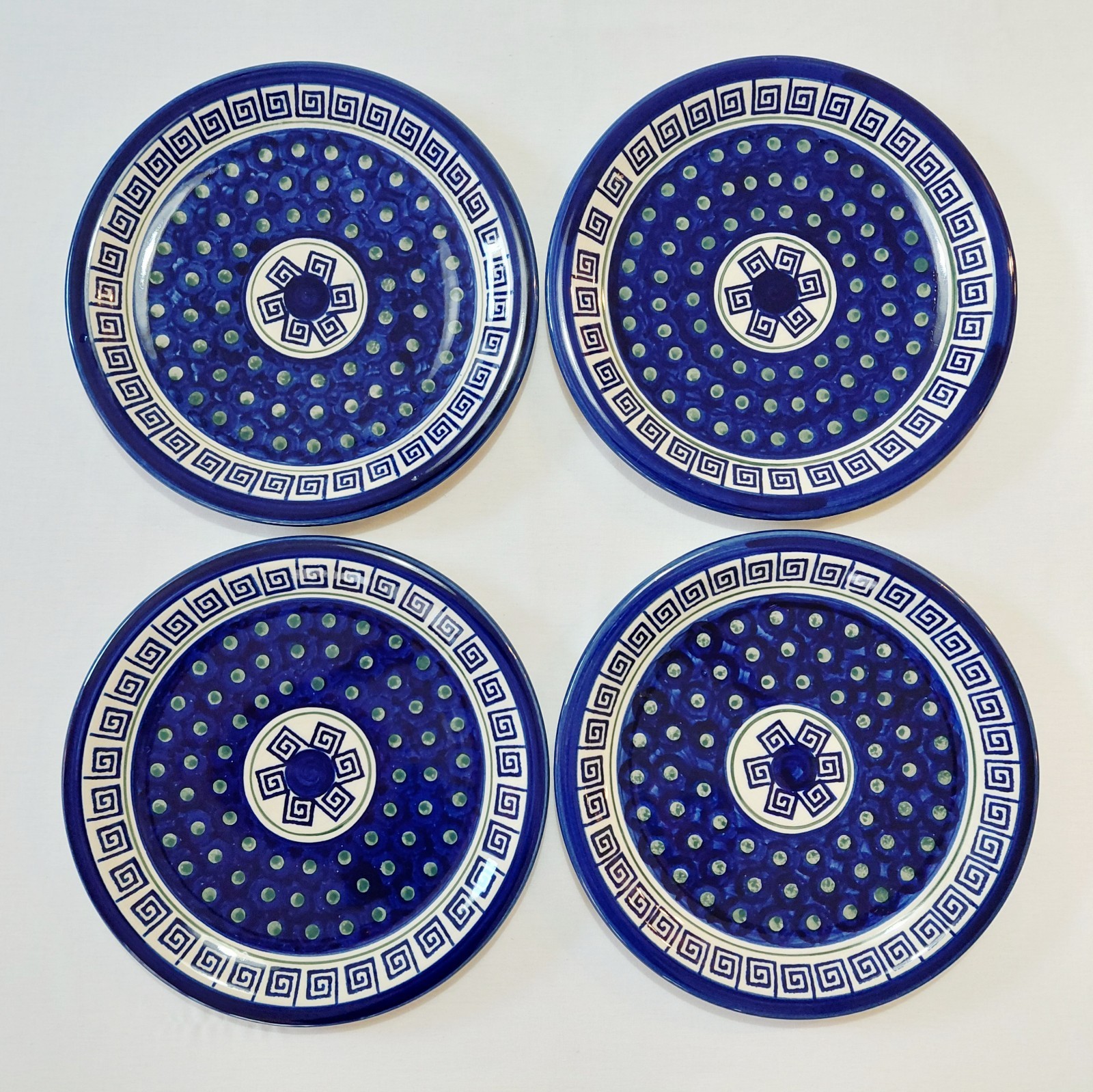 Boleslawiec Dinner Plates 11″ Greek Key Peacock Polish Pottery Blue White Set 4