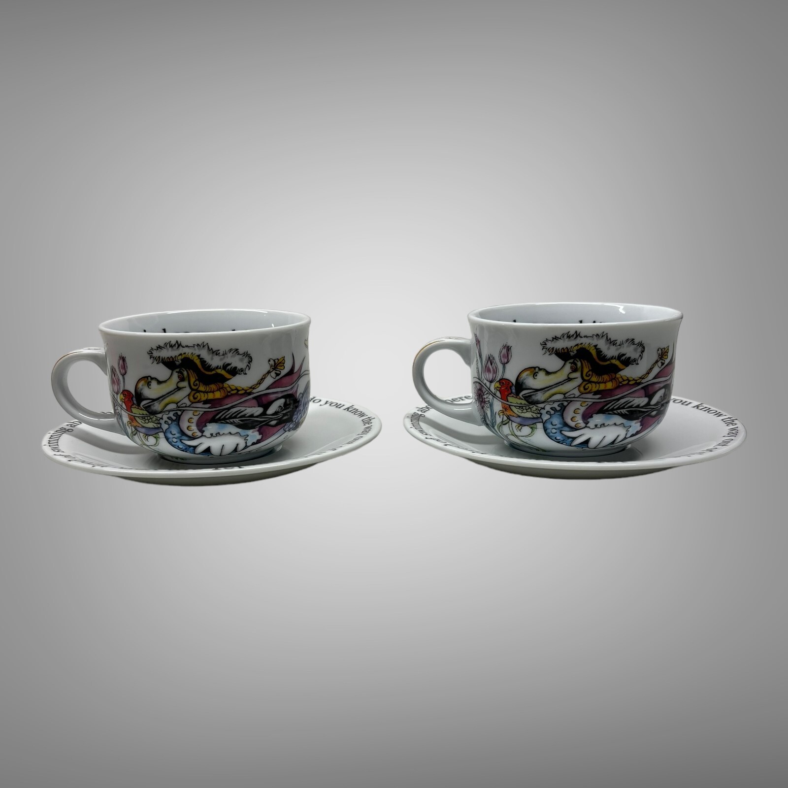 New 2010 Paul Cardew Alice in Wonderland Cafe Teacup & Saucers Set of 2 England