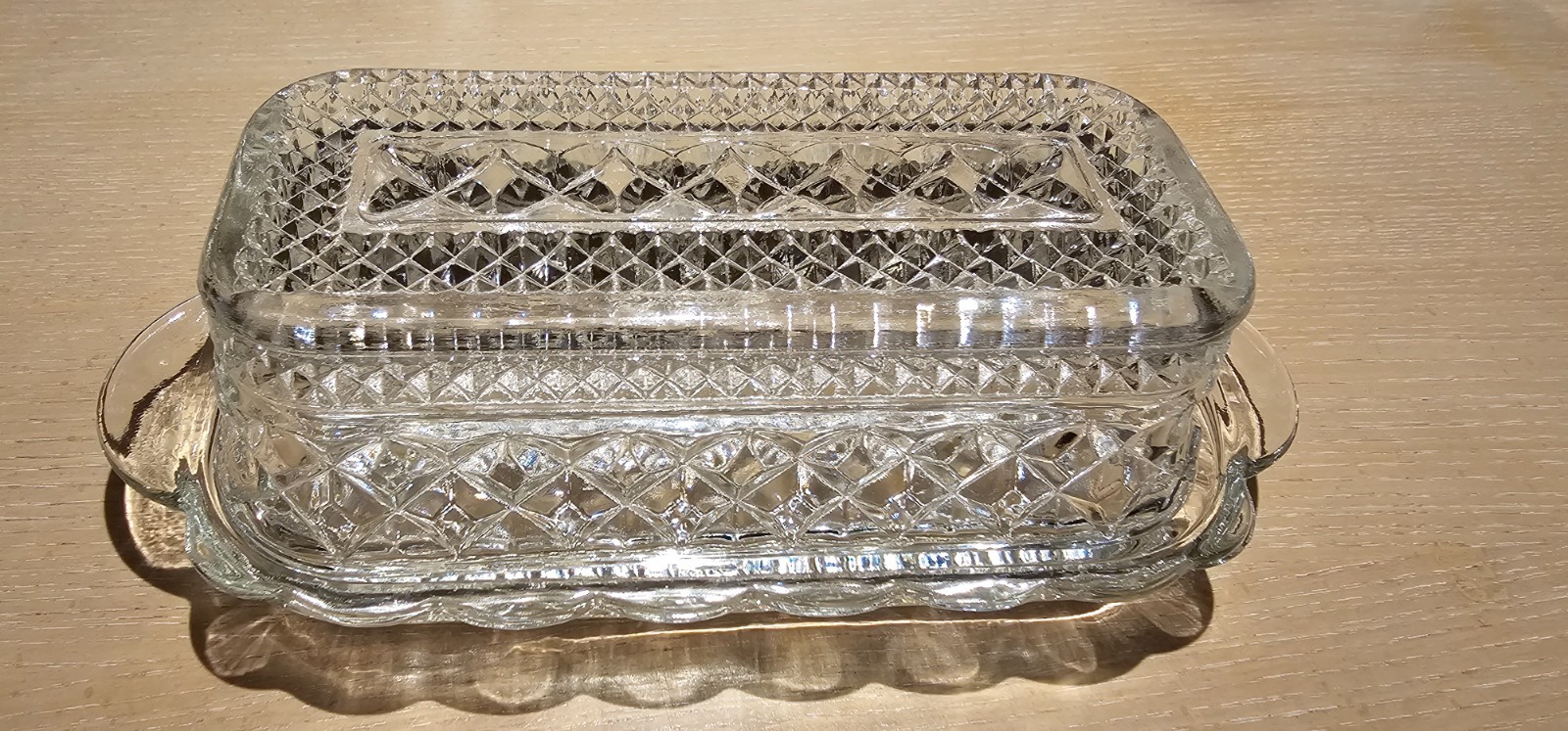 Anchor Hocking Pressed Glass Covered Butter Dish Cubic Wexford Design 8″