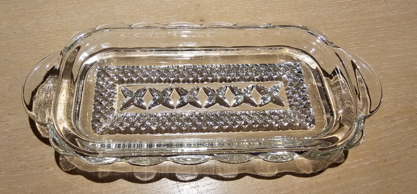 Anchor Hocking Pressed Glass Covered Butter Dish Cubic Wexford Design 8″