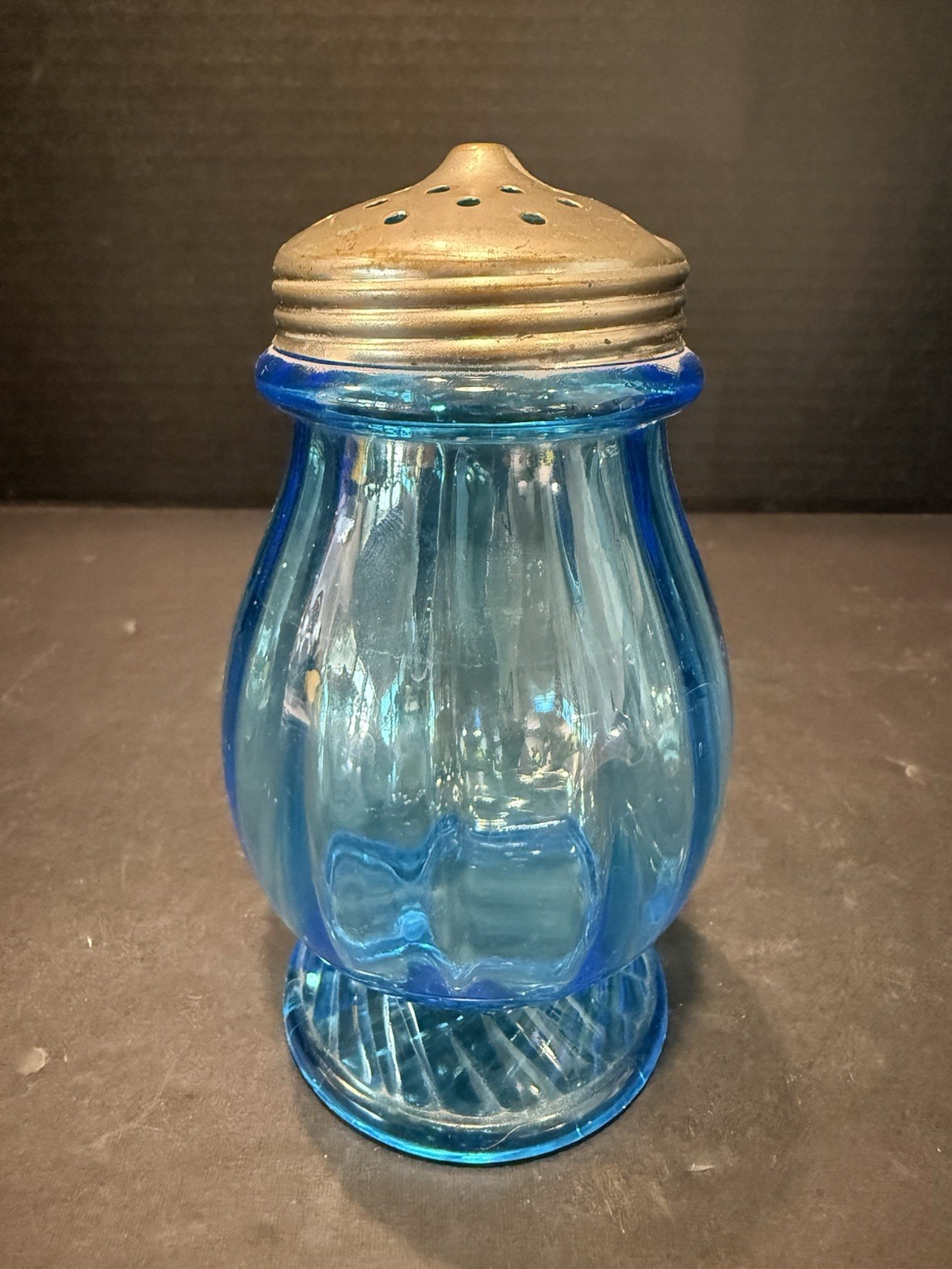 Antique Blue Rope and Rib Sugar Shaker 5.5” Tall Victorian 1890s Small Chip Pics