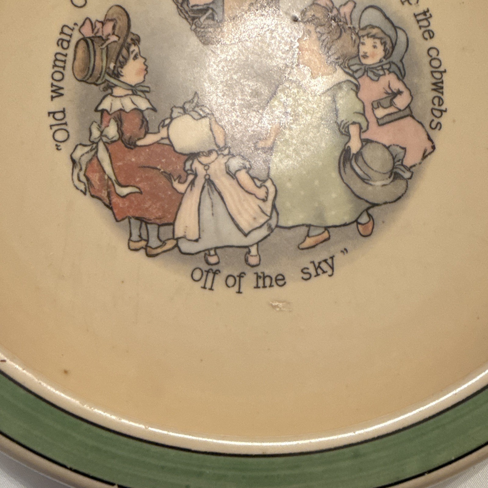 Ceramic Pottery Nursery Rhyme Bowl Beige w/ Green Rim Glossy 8 in Round