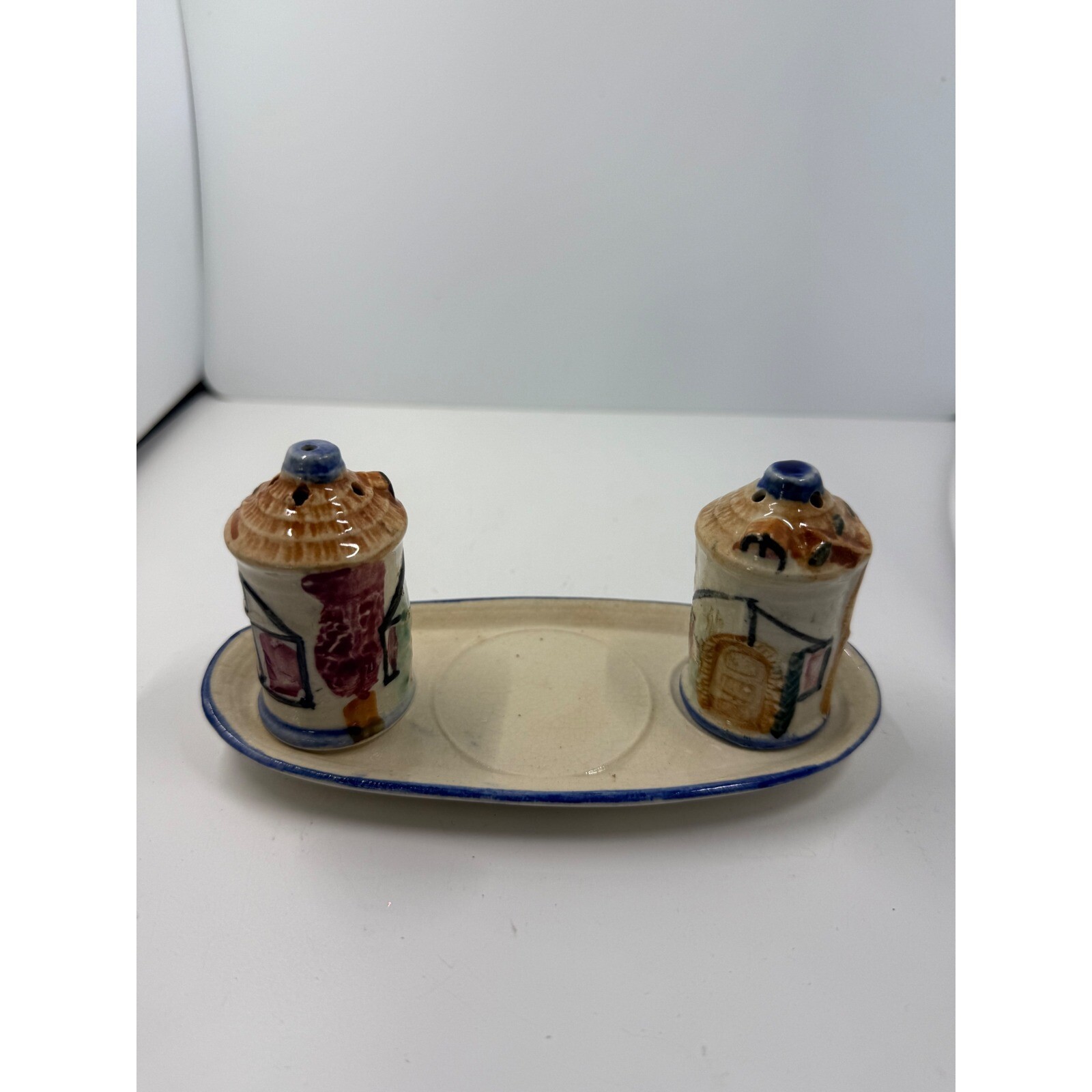 Vintage House Salt and Pepper Shakers with Tray Ceramic Made in occupied Japan