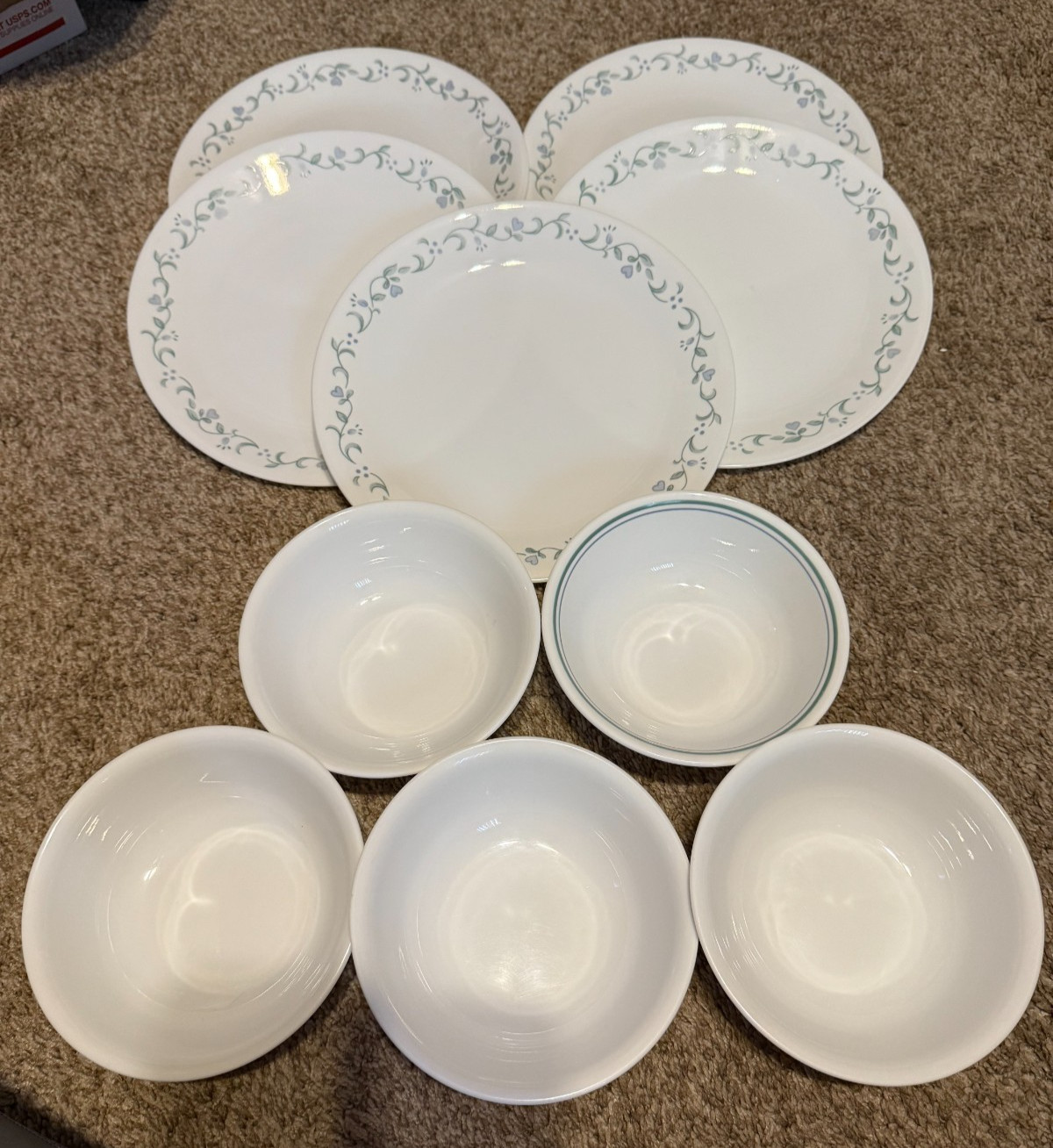 Corelle Country Cottage Blue Hearts Set Of 5 Dinner Plates and 5 Cereal Bowls