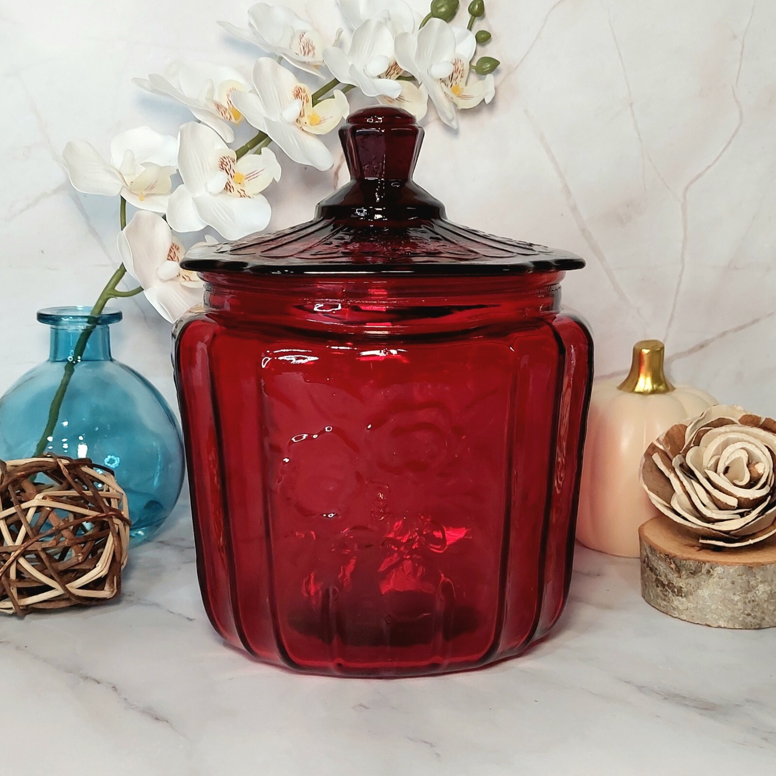 Red Amberina Depression Style Glass Cookie Jar, VTG Style Retro Kitchen Decor