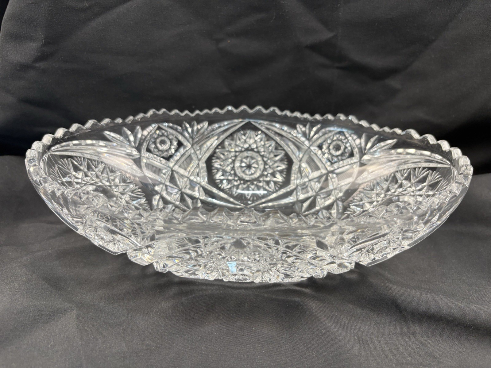 Vintage Cut Crystal American Brilliant 11″ Oval Sawtooth Edge Dish Bowl