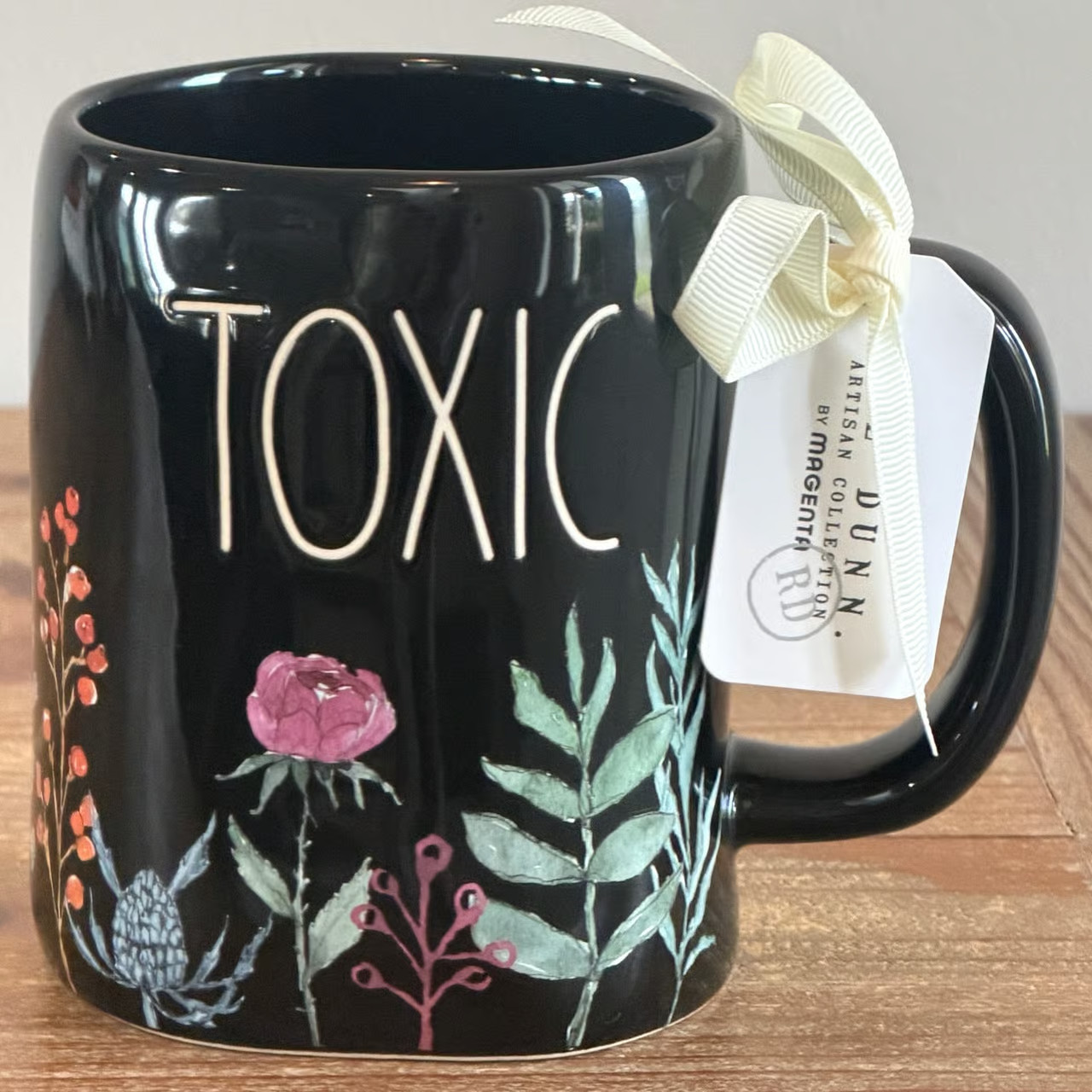 NWT Rae Dunn Halloween 2026 Floral TOXIC Black Coffee Mug Flowers Black Scary