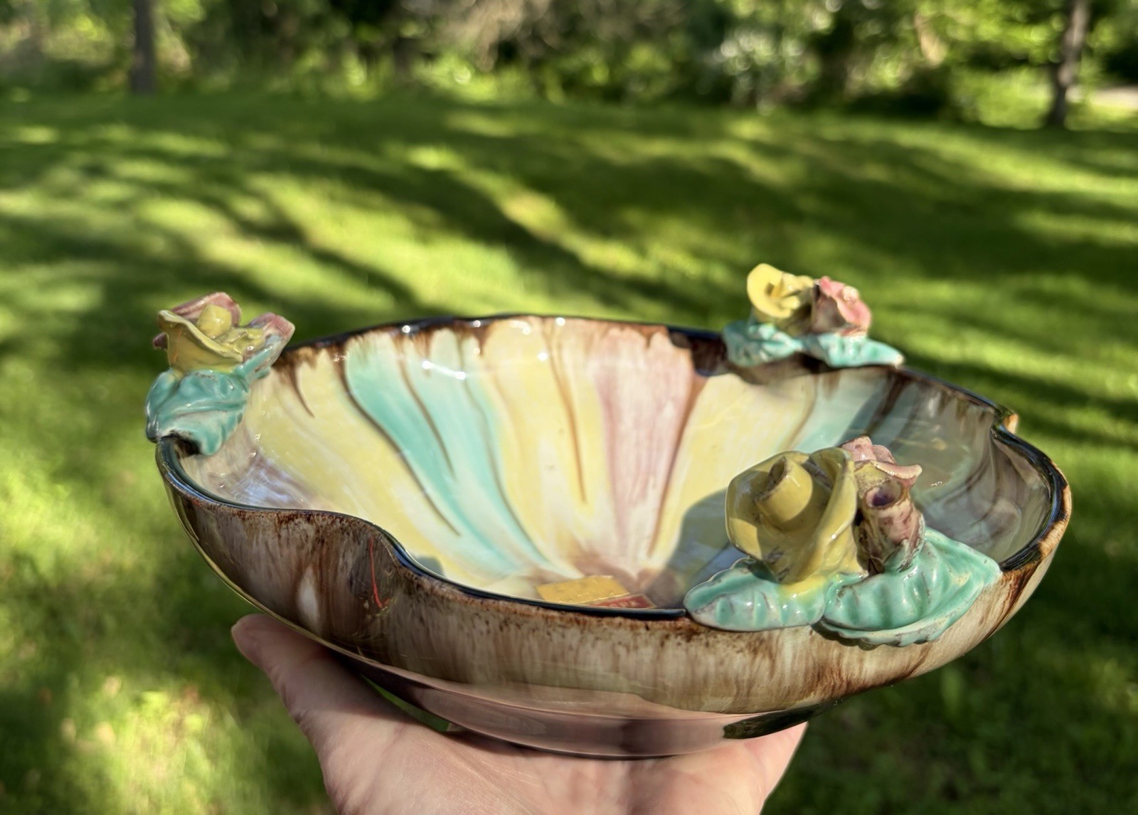 Austrian Anowork art pottery bowl w/ multi -colored drip glaze. New