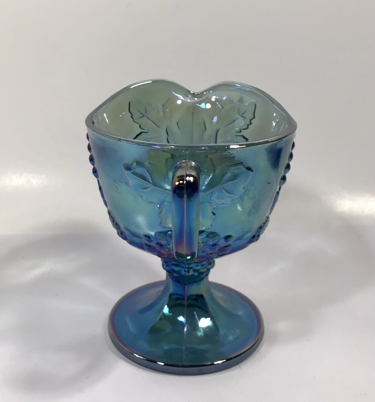 Indiana Carnival Glass Footed Creamer Harvest Grape Blue Pedestal Vintage H16