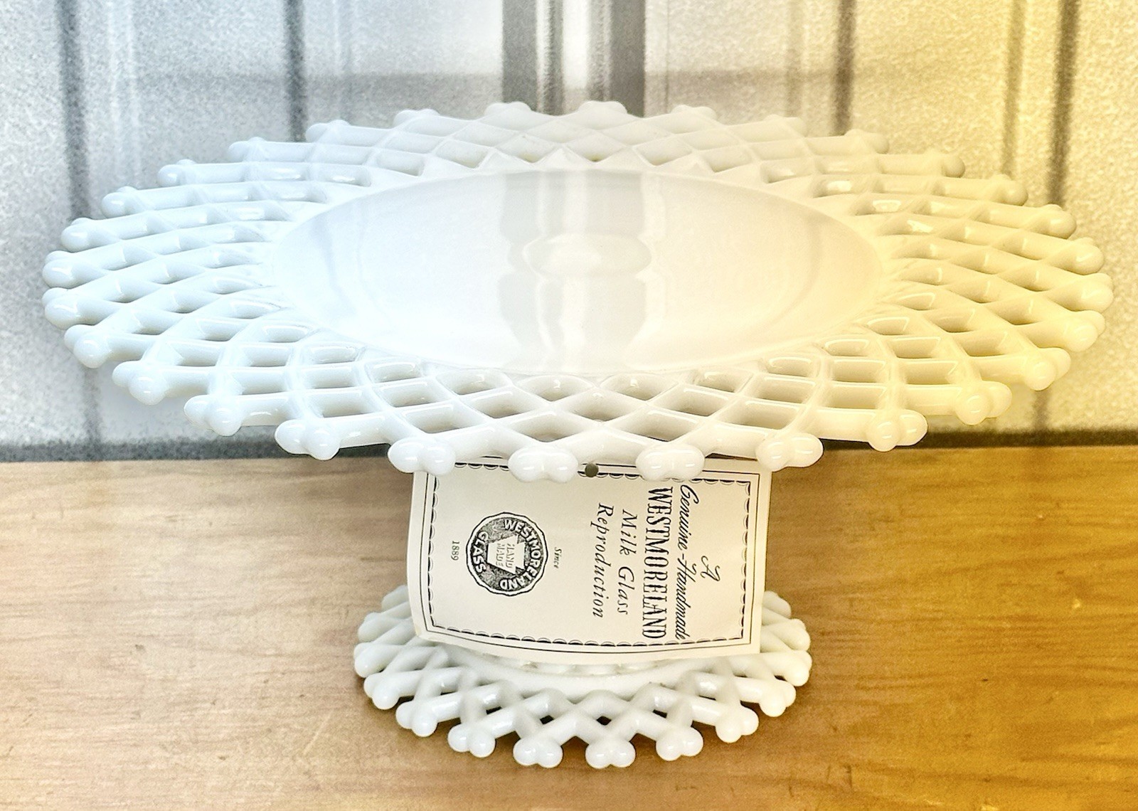 Westmoreland Milk Glass Round Lattice Cake Stand 1890 11 FTD Cake Salver NOS MIB