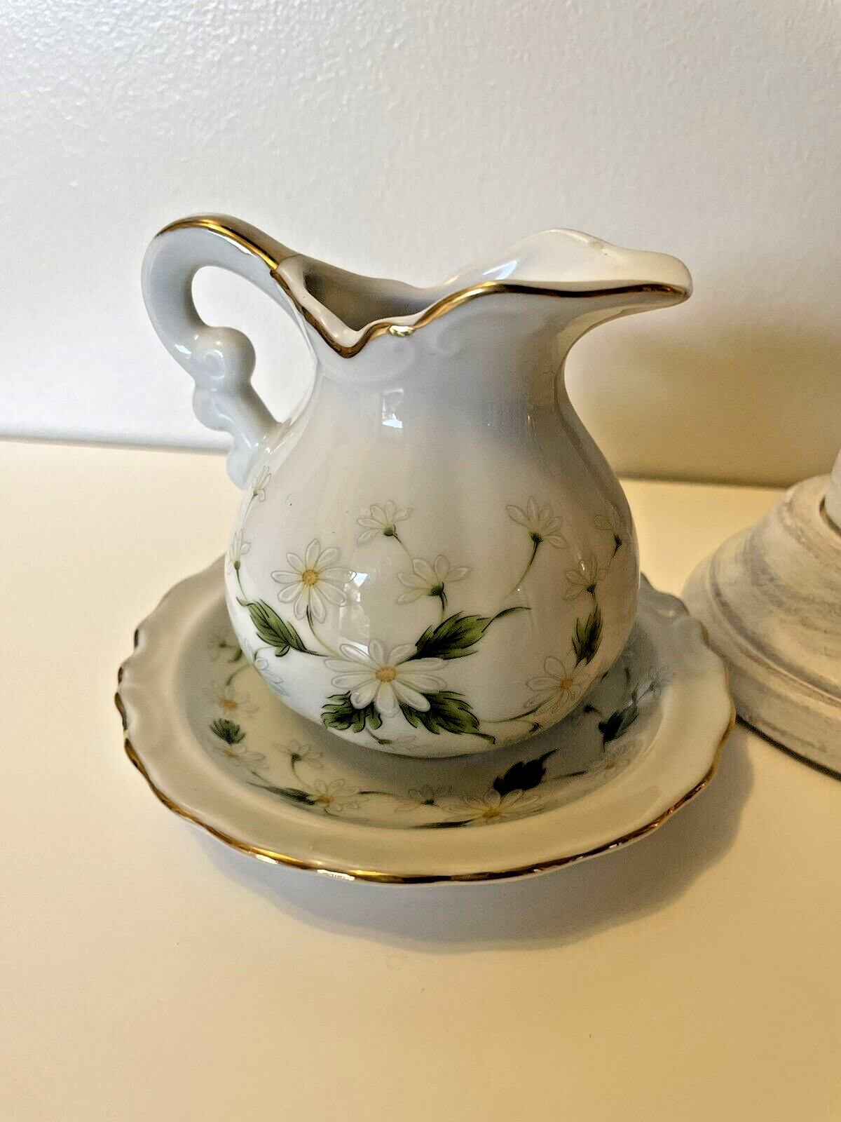 1987 Lefton China miniature pitcher creamer saucer White Daisy Floral Gold Trim