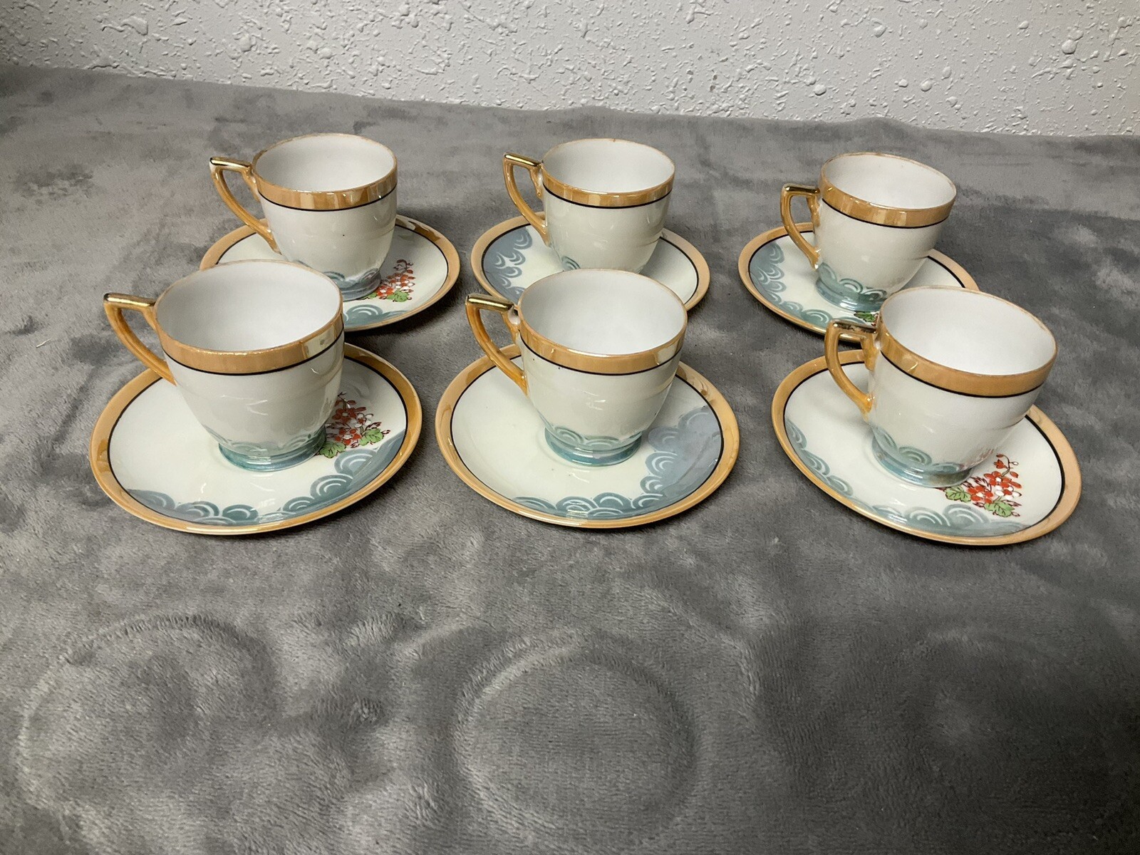 Vintage Demitasse Chikaramachi 6 Cups and 9 Saucers Hand Painted Japan