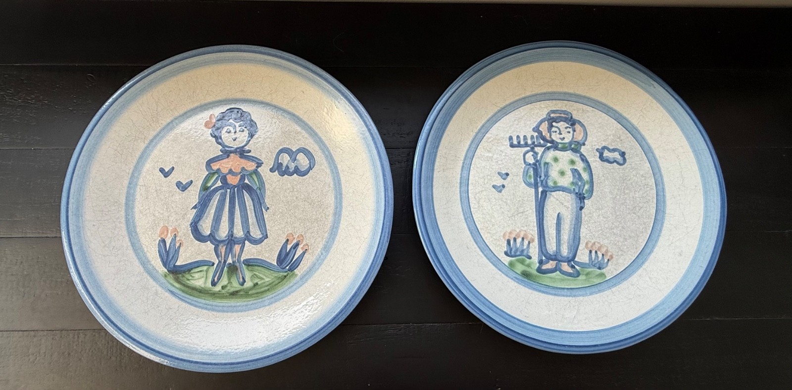 VINTAGE MARY ALICE MA HADLEY 11″ DINNER PLATES THE FARMER AND HIS WIFE EUC