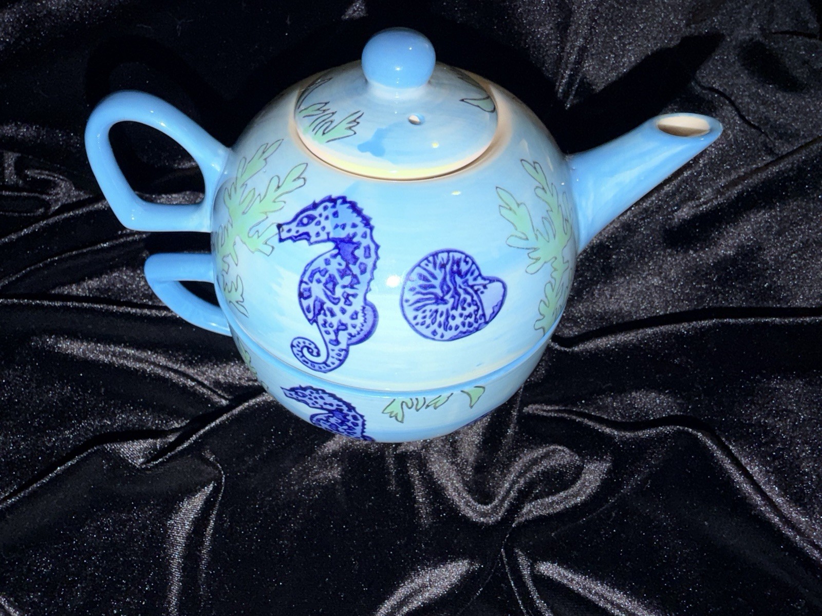 Yokohama Studio Hand Painted Seahorse Teapot & Cup Blue Coastal Ceramic