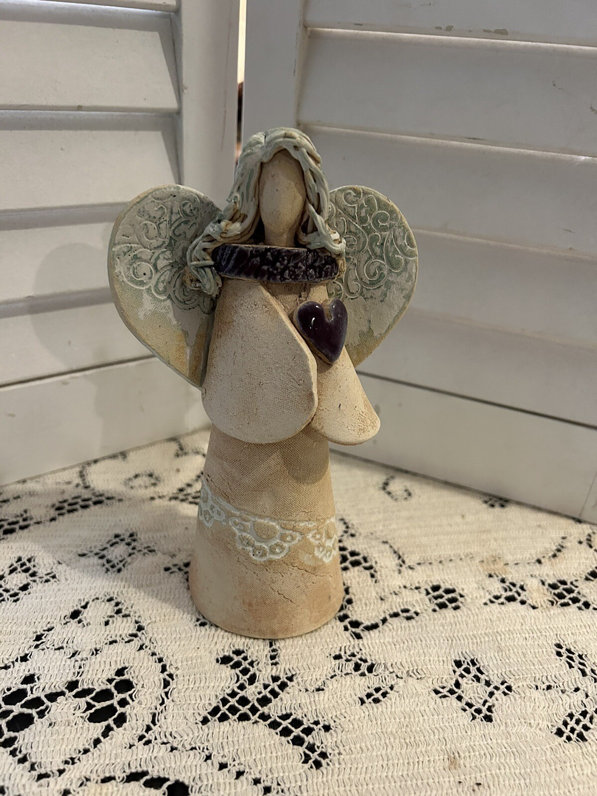 Pottery angel holding heart studio signed Olivia D Dowdy rustic North Carolina