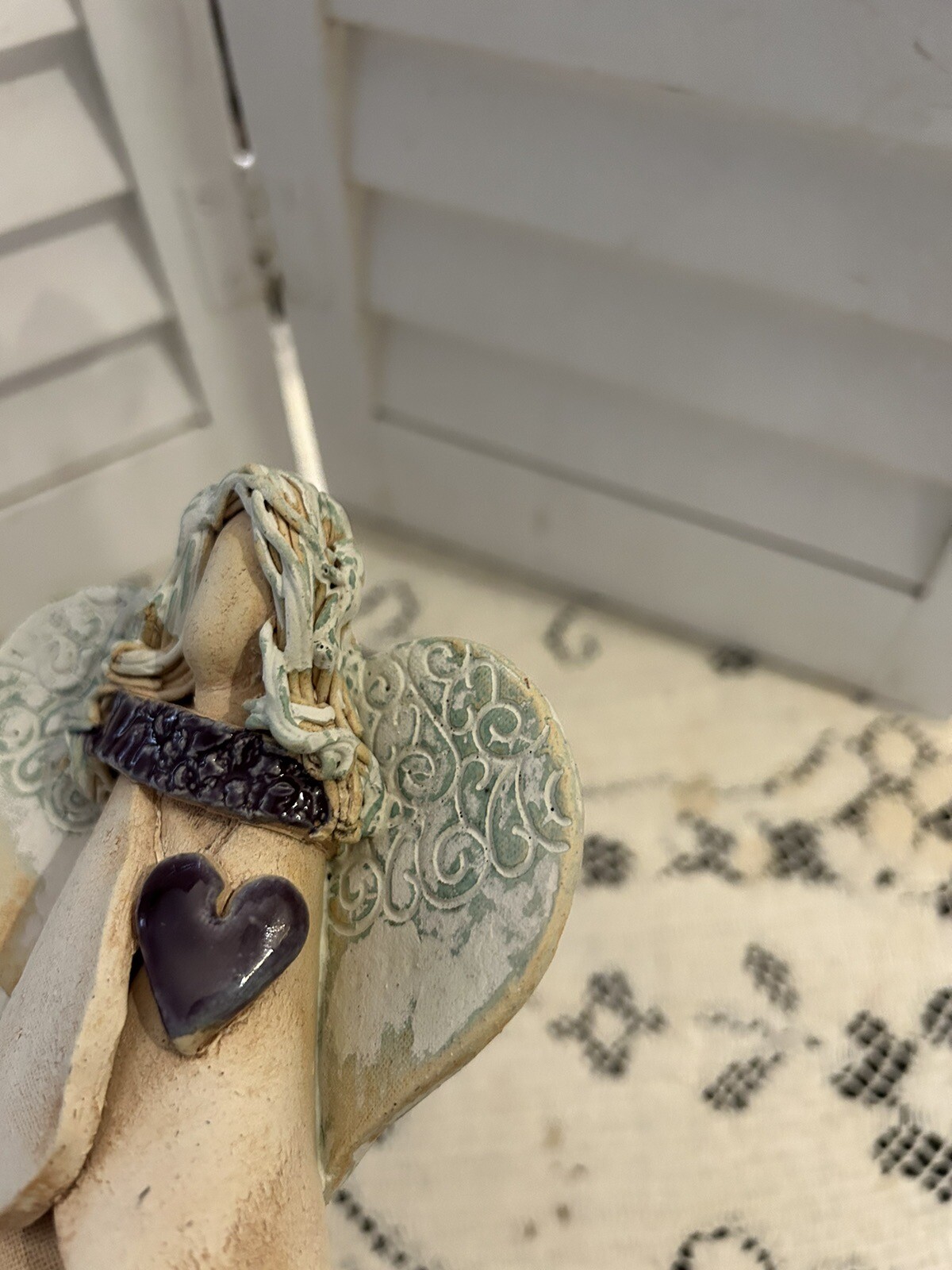 Pottery angel holding heart studio signed Olivia D Dowdy rustic North Carolina
