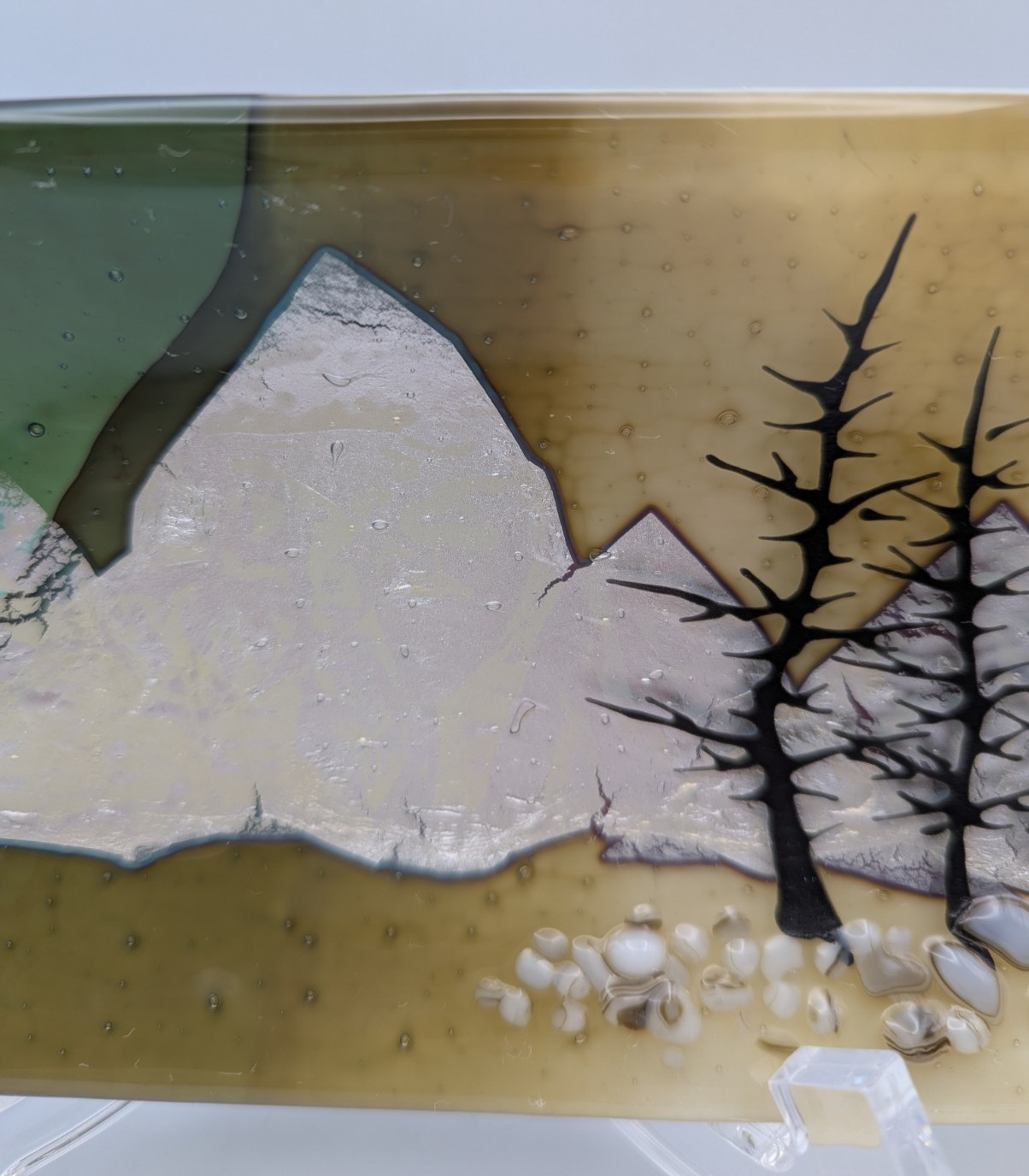 Fused Glass Mixed Media Art Glass Tray- Mountain Scene