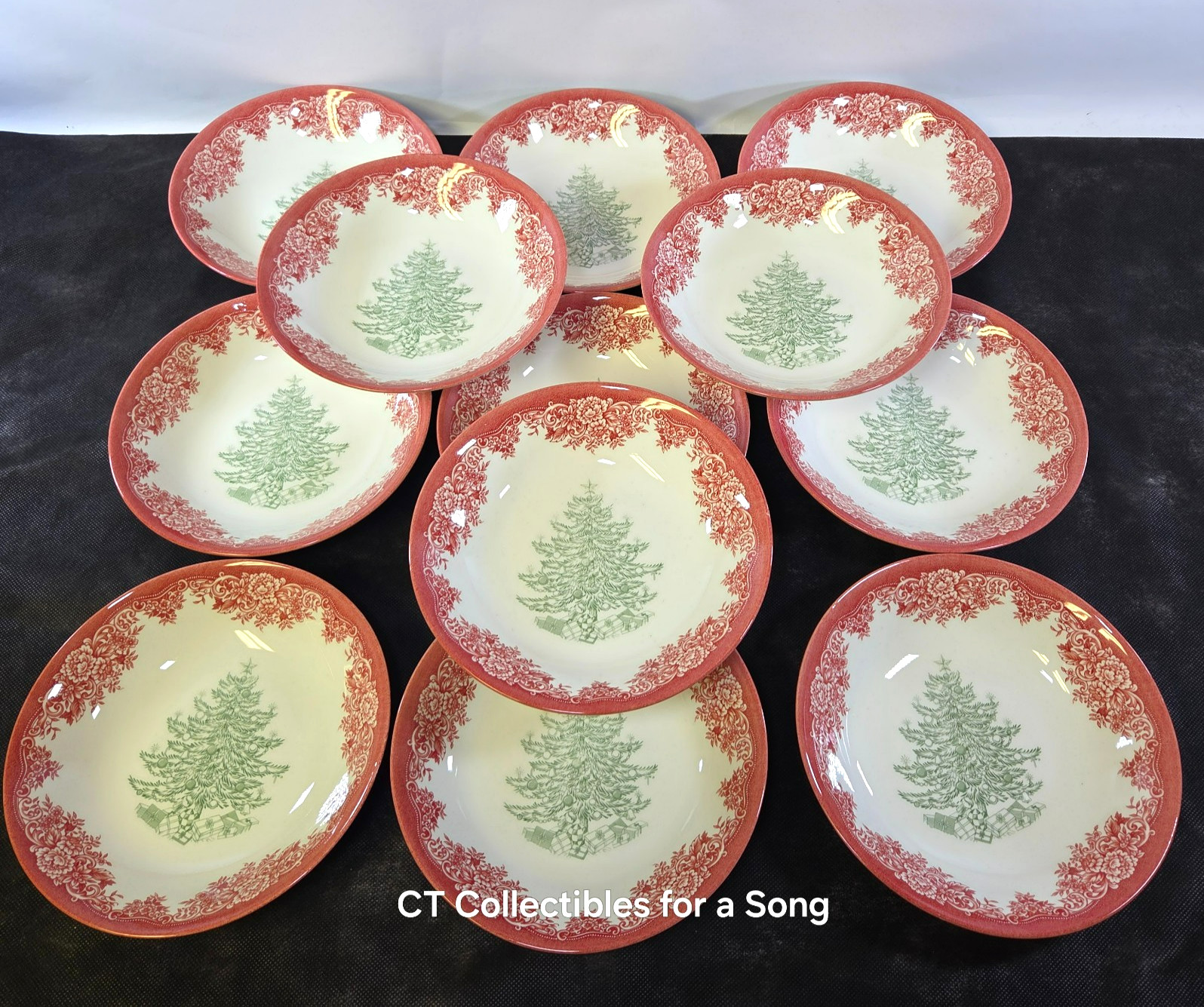 NEW Set 12 Royal Stafford Red Green Christmas Tree Pasta Bowls 9″ In Box Holiday
