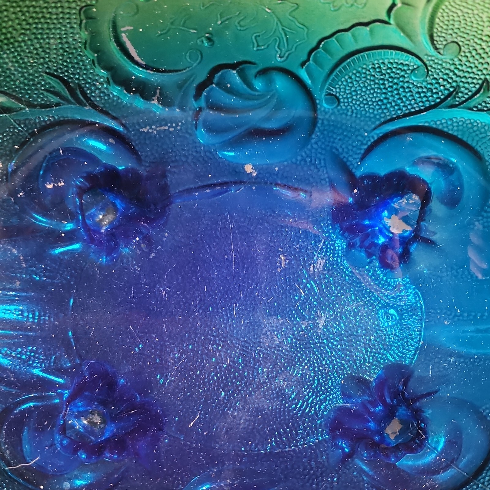 Vtg Jeanette Flashed Blue Green Lombardi Footed Fruit Bowl 10″ L x 5″ H x 7″ W