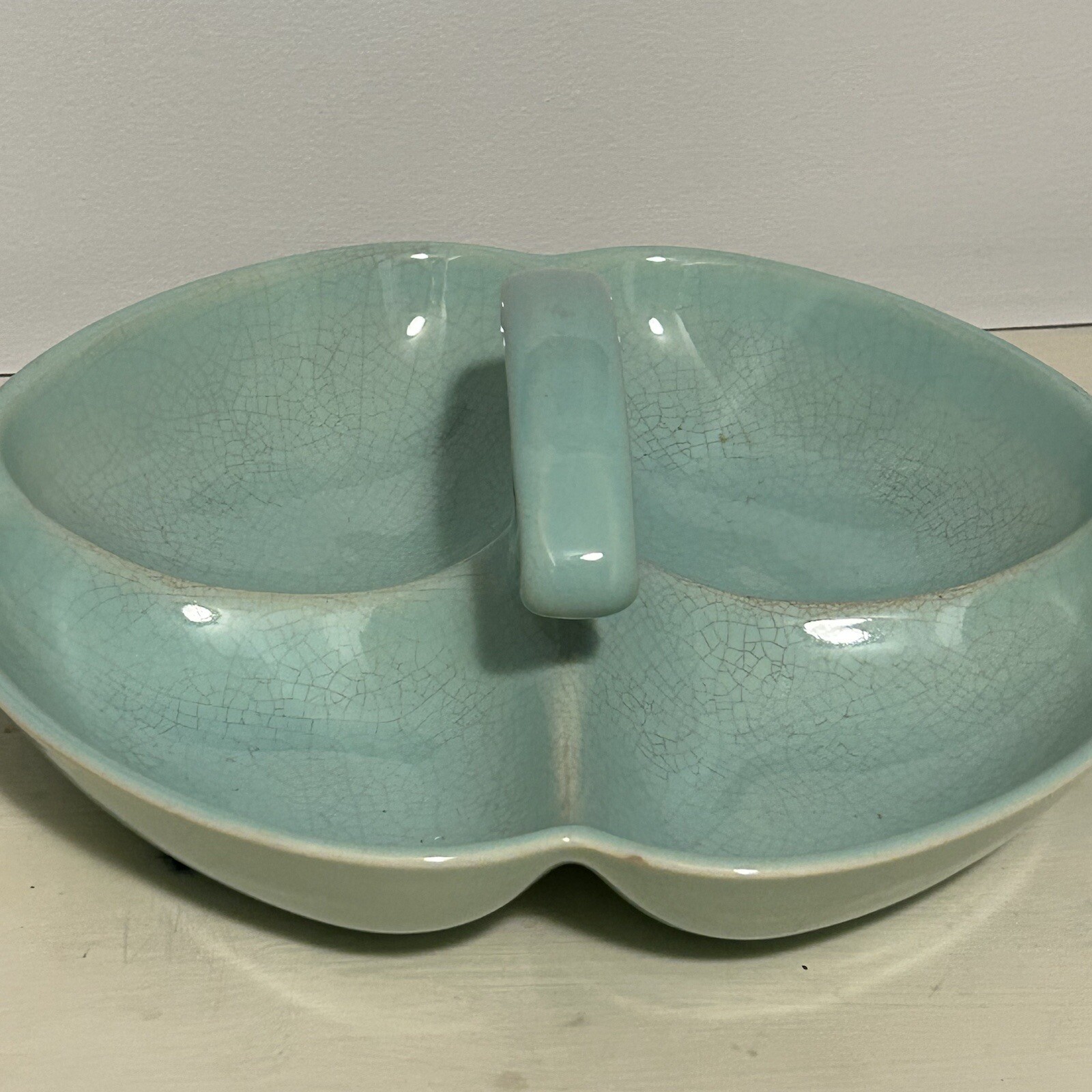 TS&T Luray Surf Green Handled Relish Tray Divided Dish Taylor Smith Lu-Ray MCM